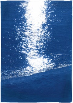 Dark Beach Sunrise, Nautical Cyanotype Print on Watercolor Paper, Beach Coast
