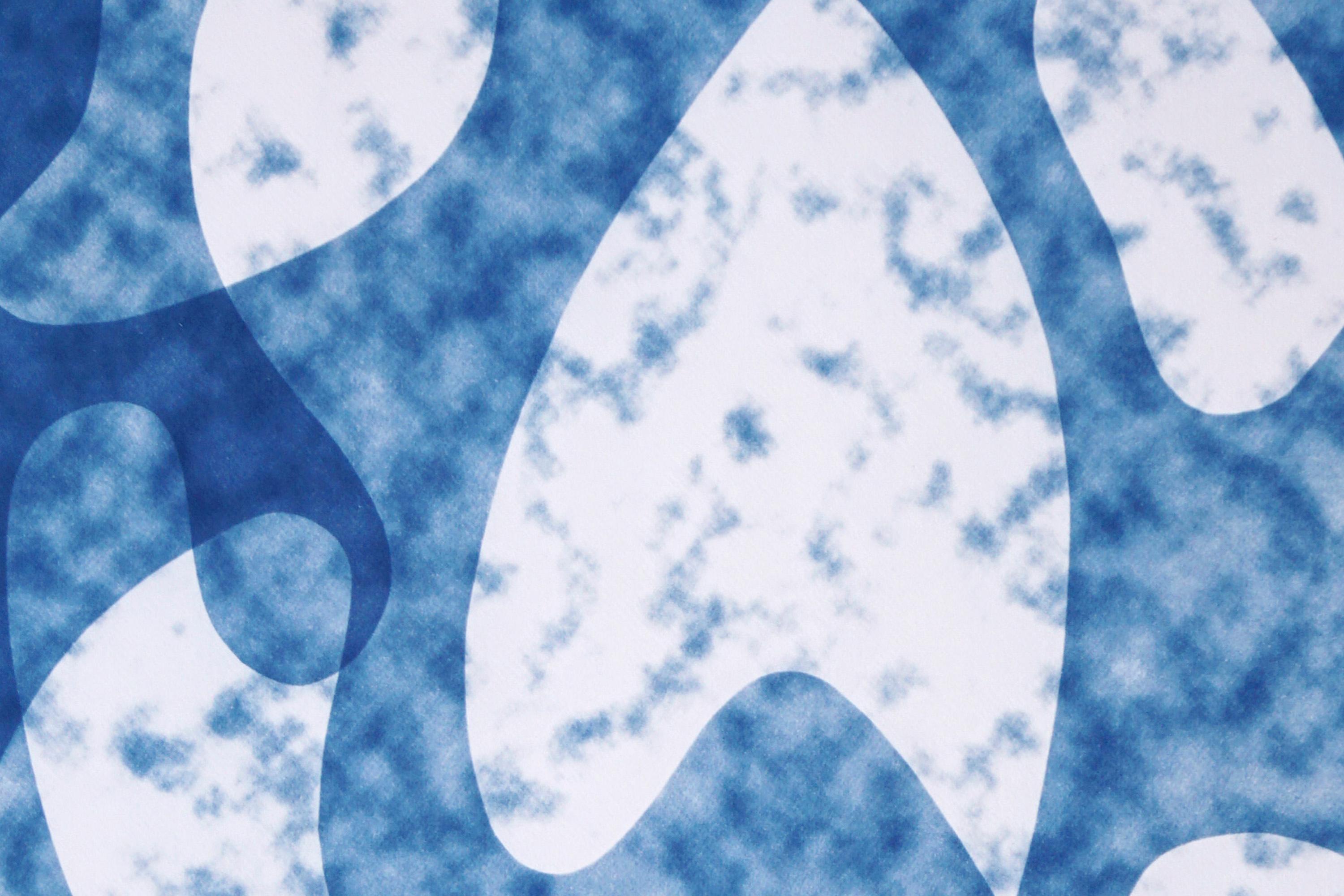 Dark Cloudy Shapes, Mid-Century Modern Kidney Forms, Blue and White Transparency For Sale 2