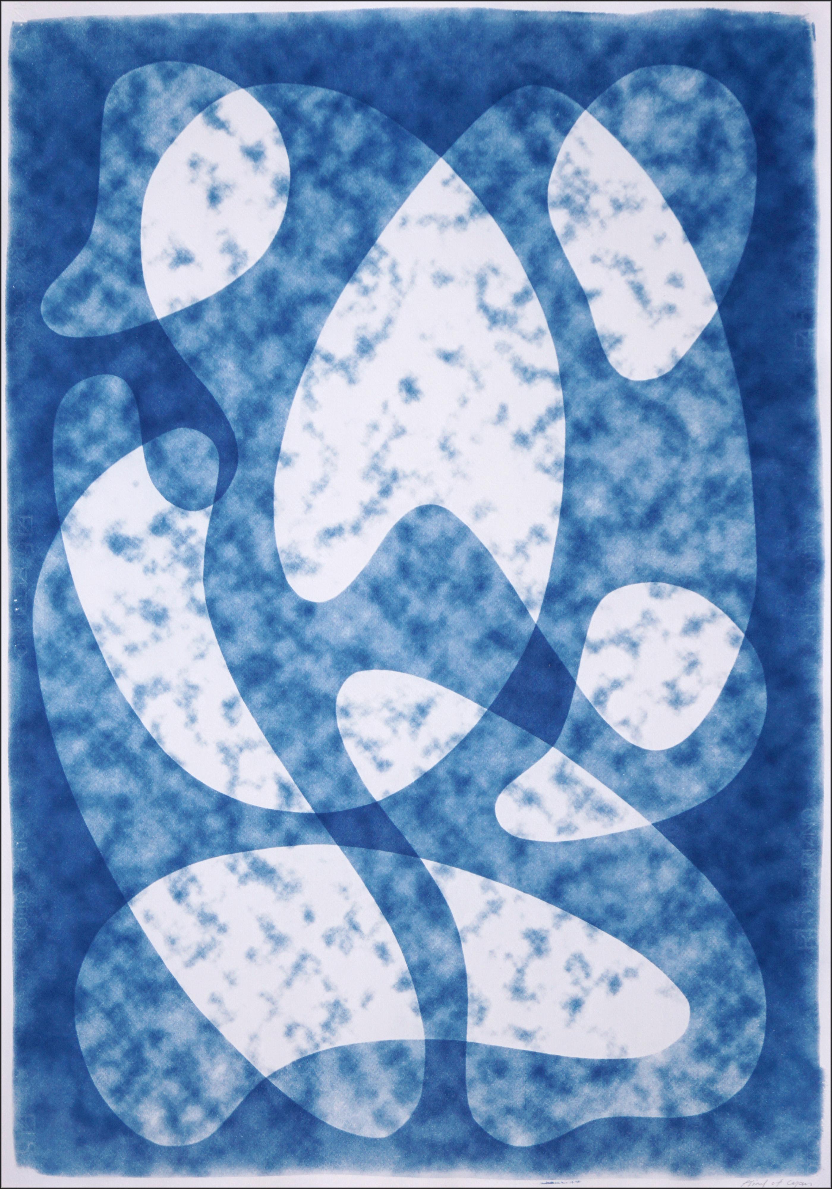Dark Cloudy Shapes, Mid-Century Modern Kidney Forms, Blue and White Transparency