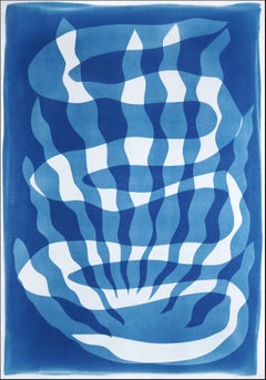 Remolino Oceánico Profundo, Estilo Modernismo Desértico, Cianotipia Única sobre Papel en Azul