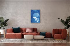 Descending Circles, White and Blue, Handmade Unique Monotype Cyanotype, Paper