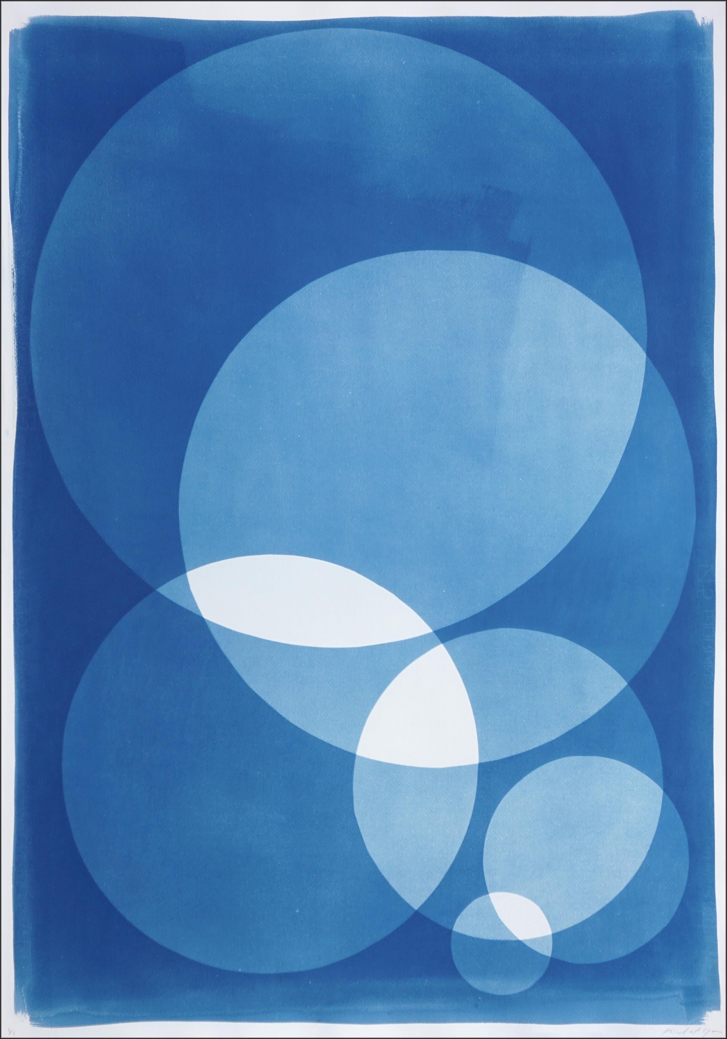 Abstract Photograph Kind of Cyan - Descending Circles, White and Blue, Handmade Unique Monotype Cyanotype, Paper
