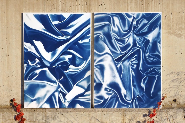 Diptych of Silks, Classic Blue Sensual Shapes, Cyanotype on Watercolor Paper  - Painting by Kind of Cyan