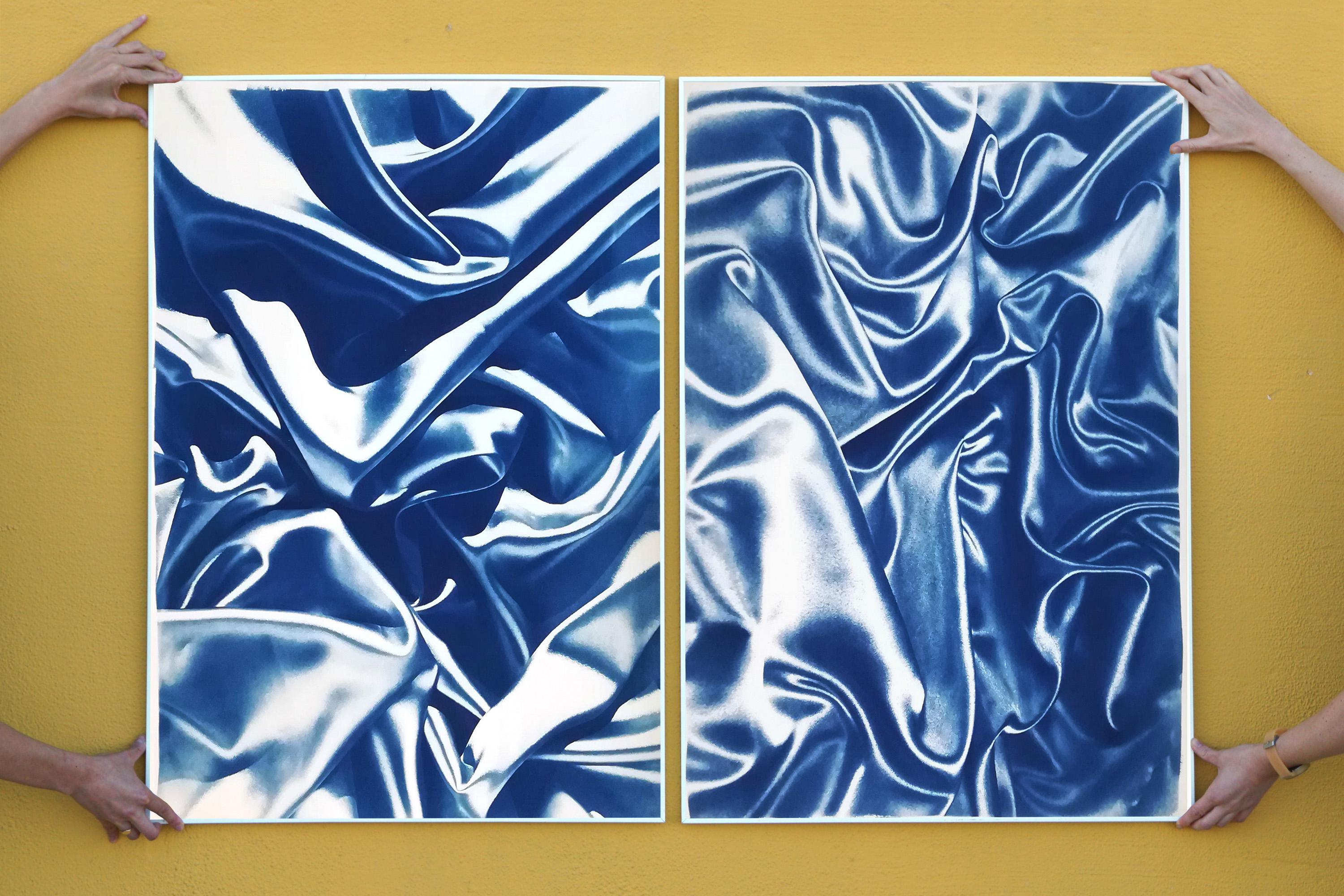 Diptych of Silks, Classic Blue Sensual Shapes, Cyanotype on Watercolor Paper  - Contemporary Painting by Kind of Cyan