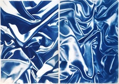 Diptyque de soies bleues classiques de formes inhabituelles, cyanotype sur papier aquarelle 