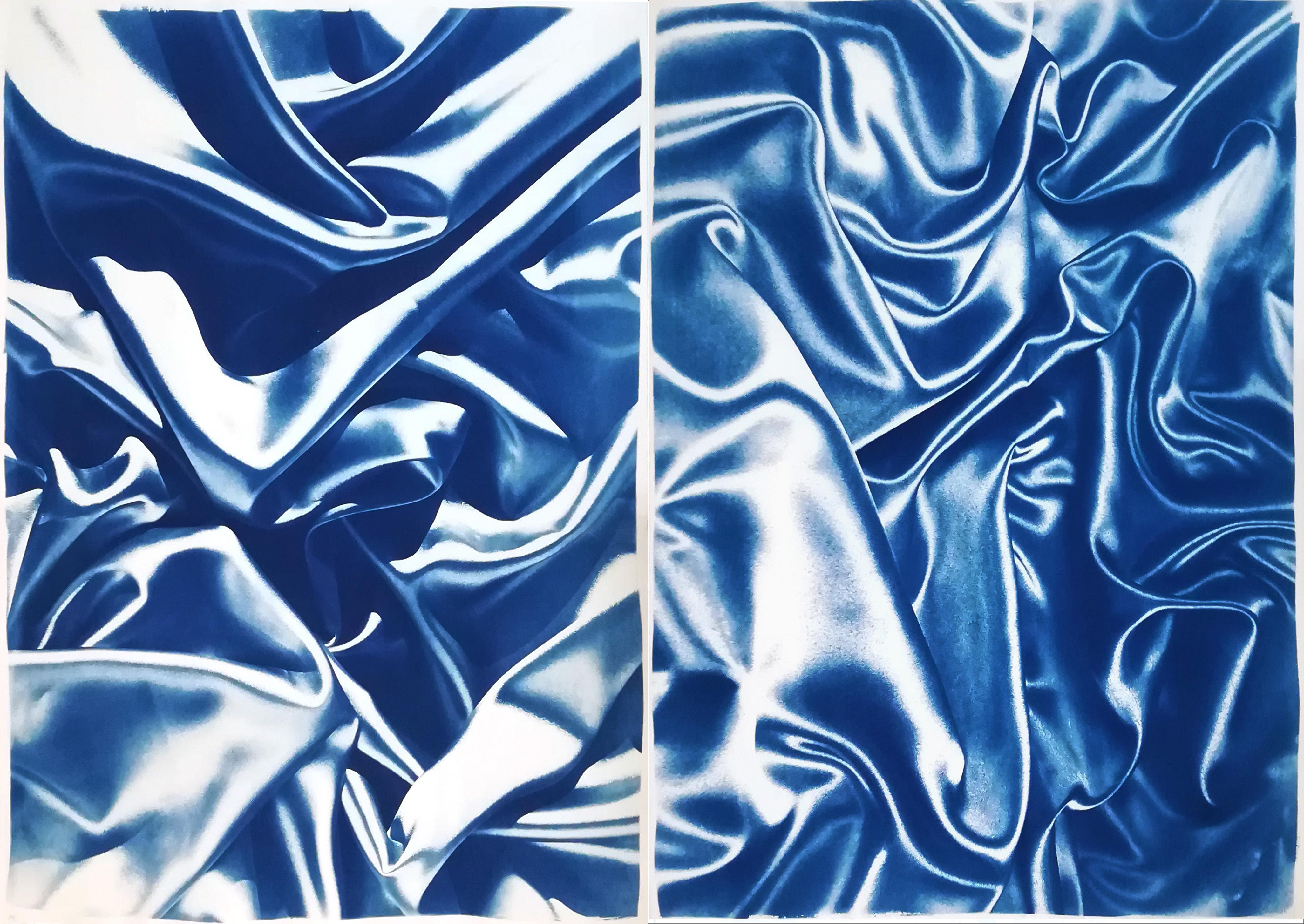 Kind of Cyan Landscape Painting - Diptych of Silks, Classic Blue Sensual Shapes, Cyanotype on Watercolor Paper 