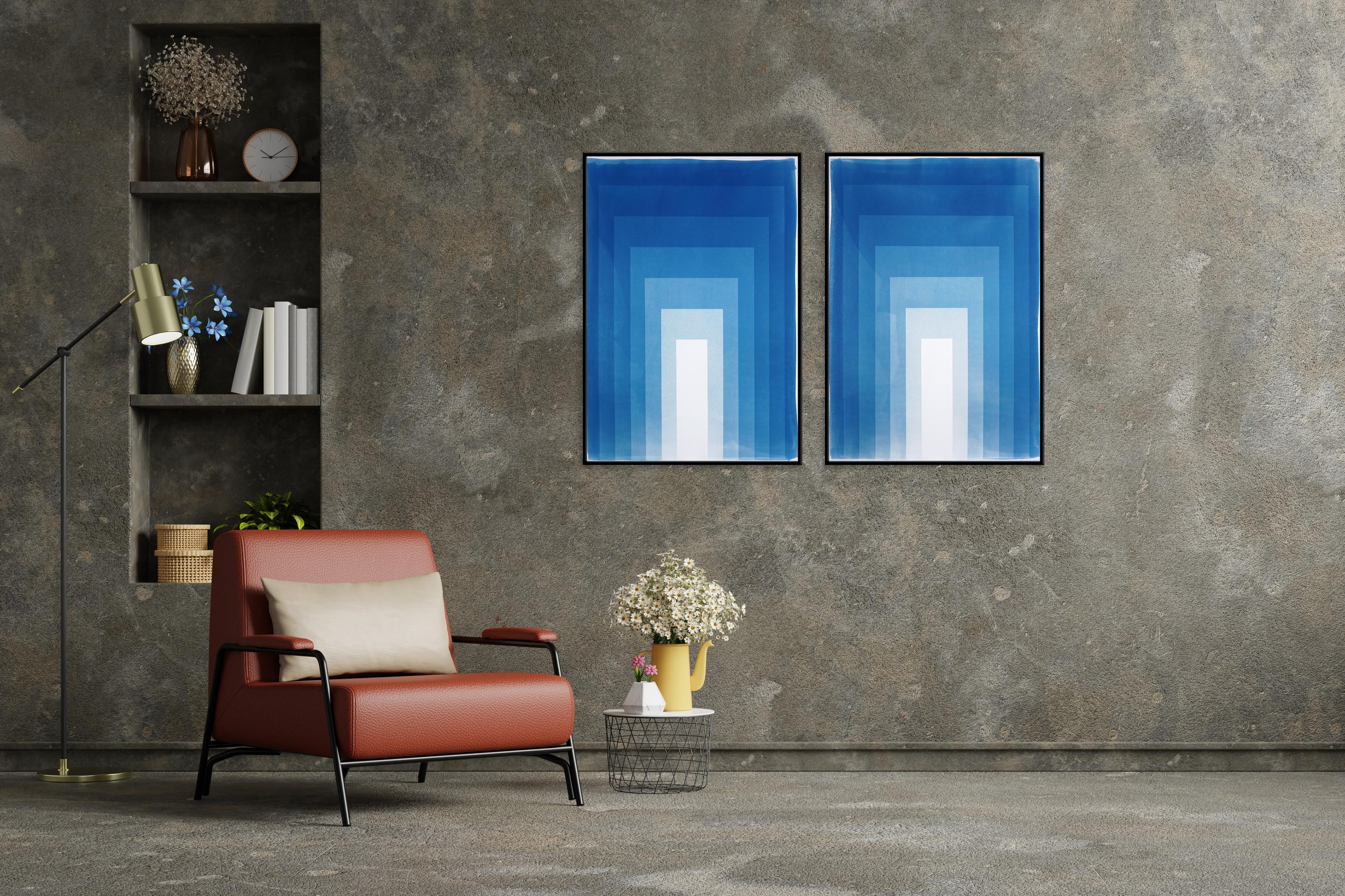 Double Portals, Cyanotype Diptych, Abstract Geometric, Blue Minimalism on Paper - Photograph di Kind of Cyan