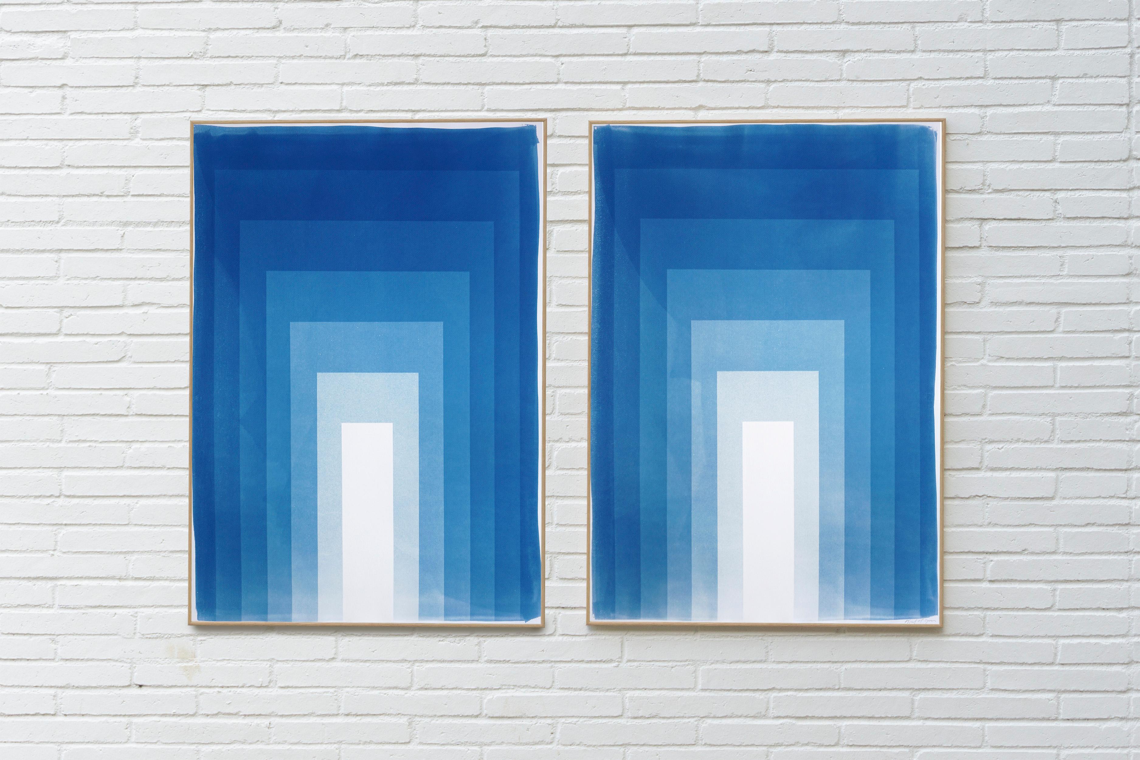 Double Portals, Cyanotype Diptych, Abstract Geometric, Blue Minimalism on Paper - Photograph Contemporaneo di Kind of Cyan