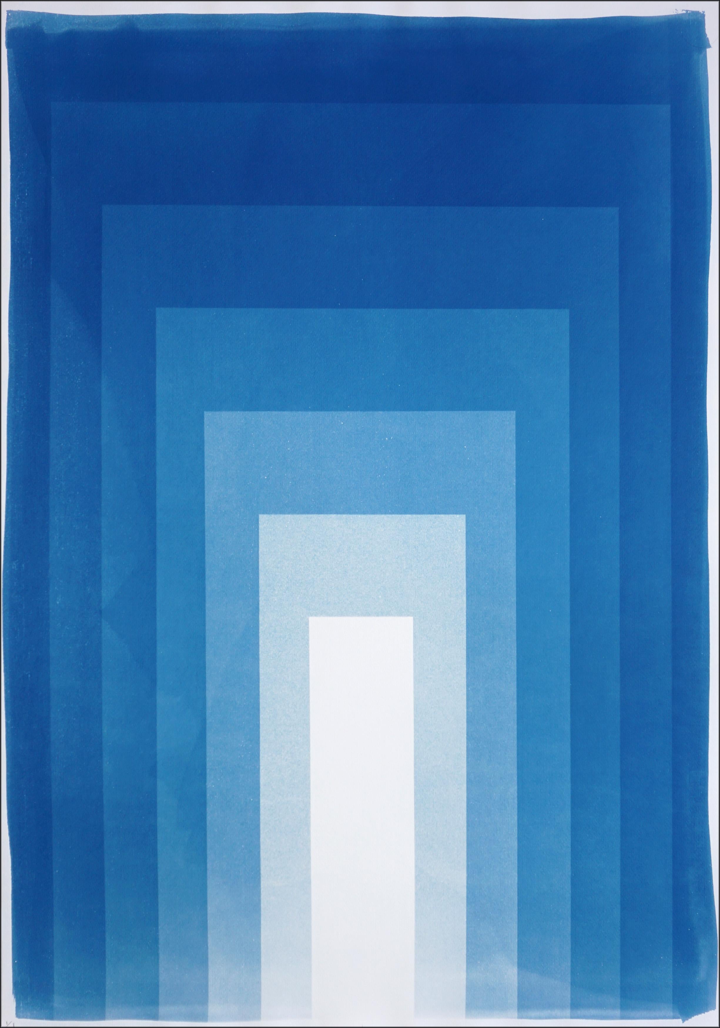 Double Portals is a cyanotype diptych that plays with depth, geometry, and light. Composed of layered indigo gradients, the work creates a rhythmic sense of movement, drawing the viewer inward through shifting planes of blue. The repetition of