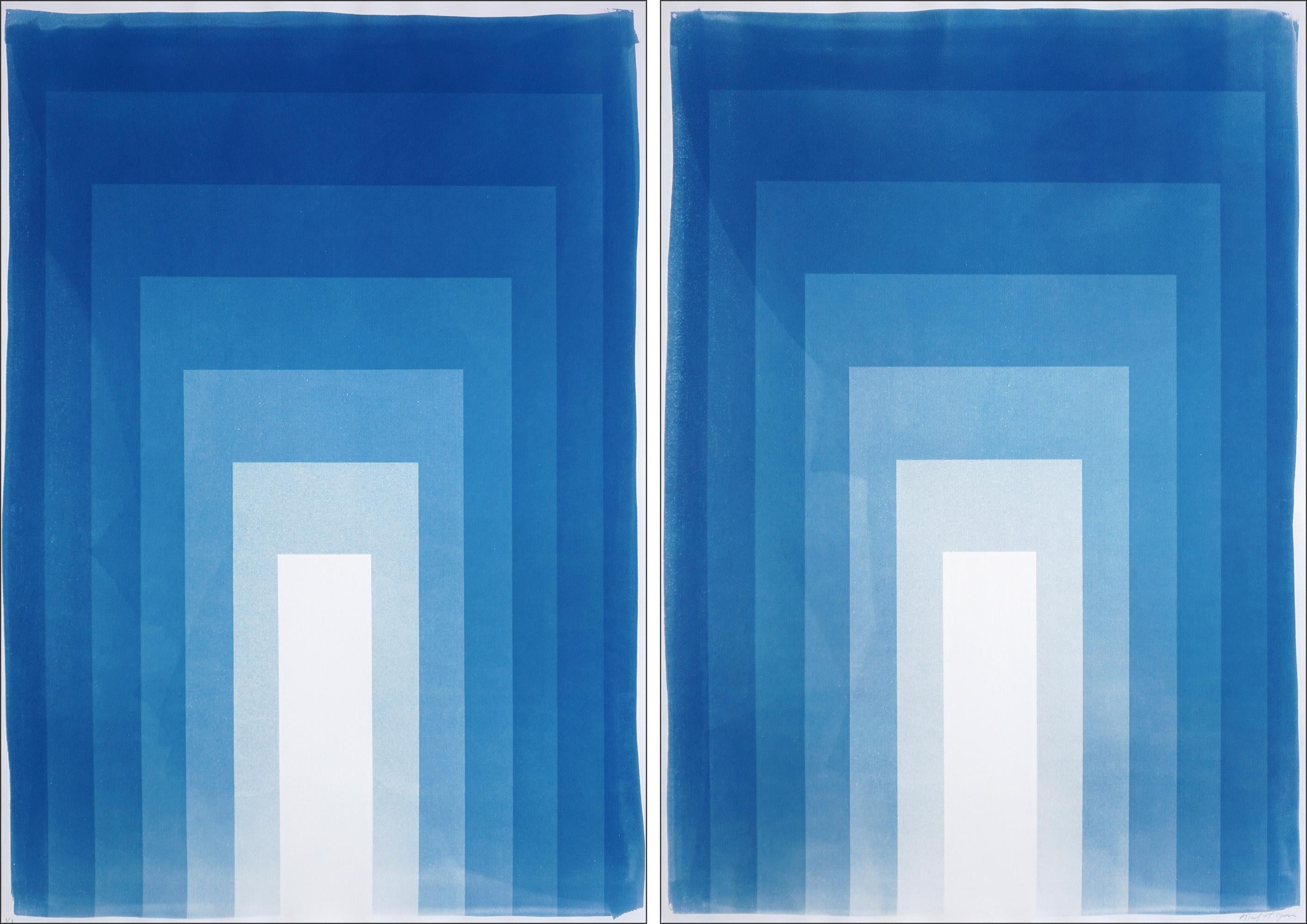 Double Portals, Cyanotype Diptych, Abstract Geometric, Blue Minimalism on Paper