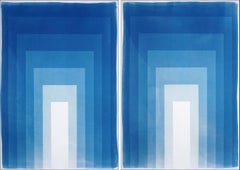 Double Portals, Cyanotype Diptych, Abstract Geometric, Blue Minimalism on Paper