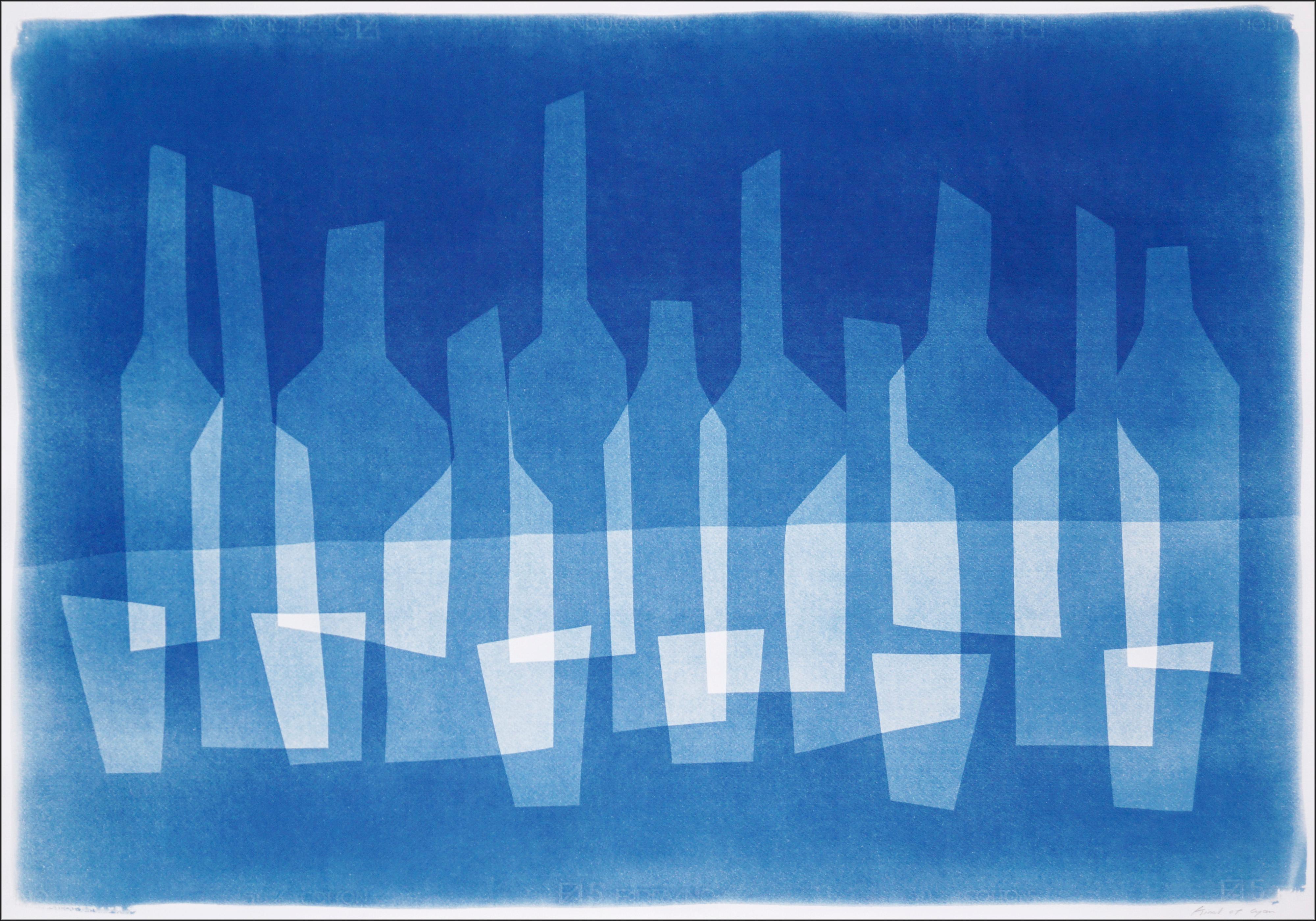 Kind of Cyan Still-Life Print - Double Vision Bar Scene, Still Life Wine Bottles and Glass, Blue Tones Monotype 