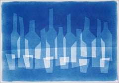 Double Vision Bar Scene, Still Life Wine Bottles and Glass, Blu Tones Monotype 