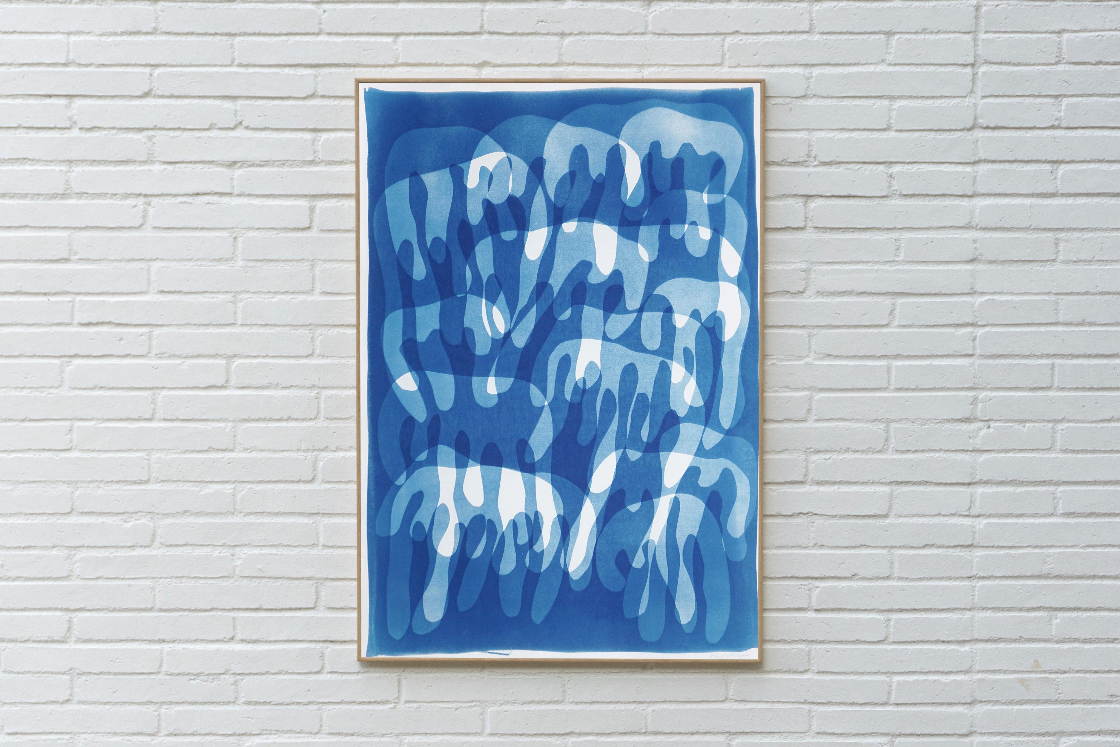 Dripping Paint, Graffiti Forms in Blue Tones, Floating Abstract Shapes on Paper - Print by Kind of Cyan