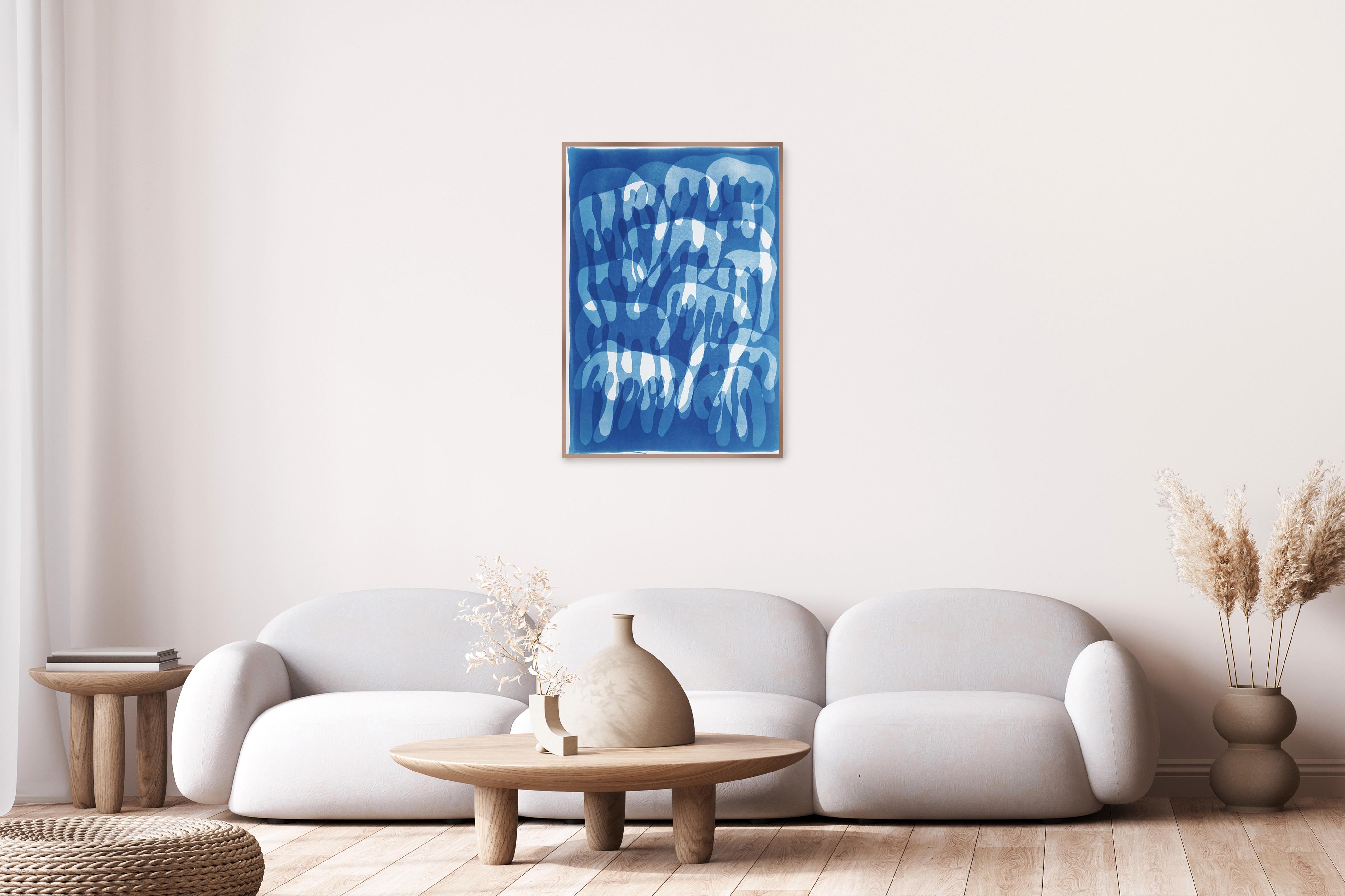 Dripping Paint, Graffiti Forms in Blue Tones, Floating Abstract Shapes on Paper For Sale 1