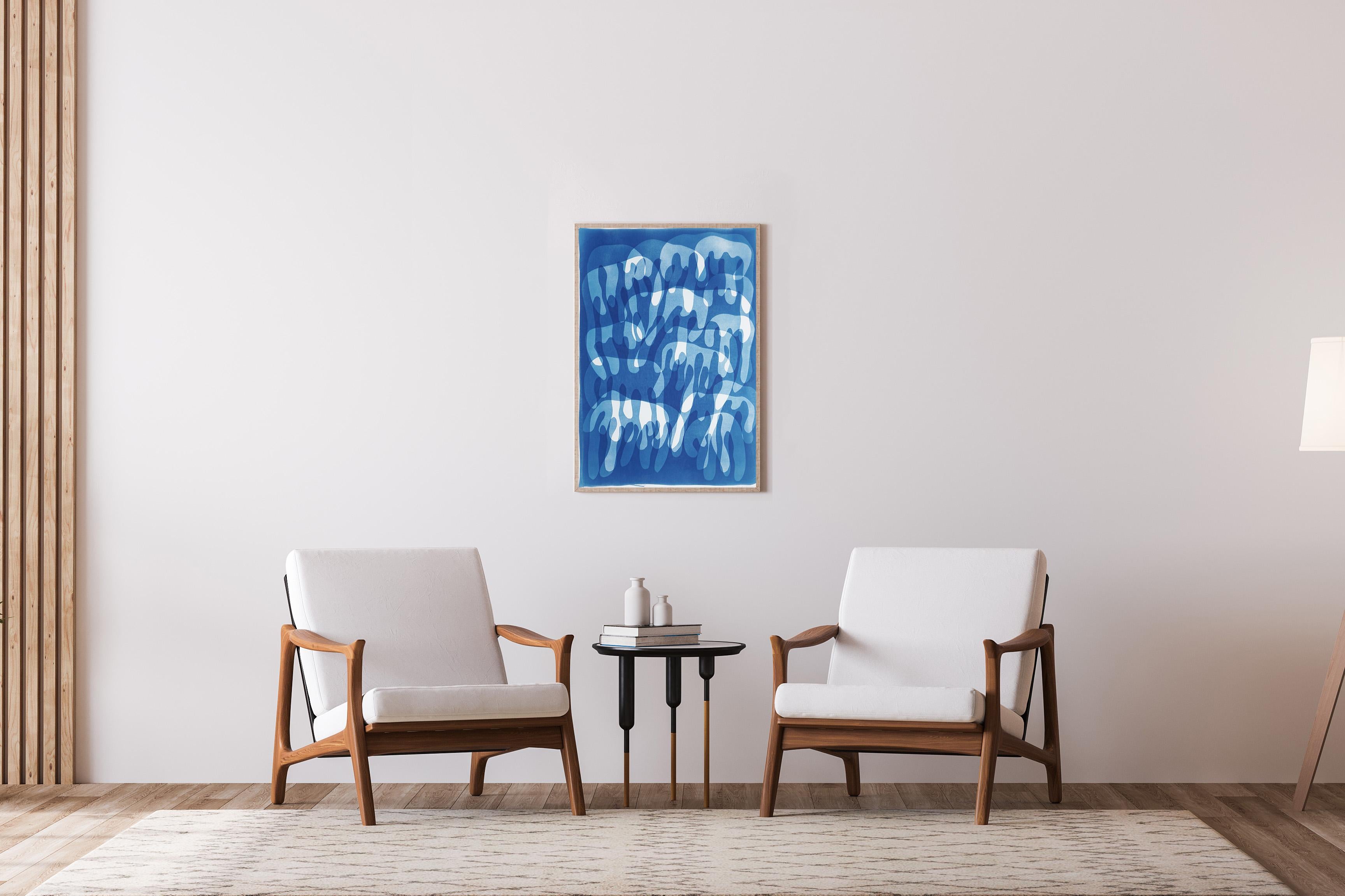 Dripping Paint, Graffiti Forms in Blue Tones, Floating Abstract Shapes on Paper For Sale 3