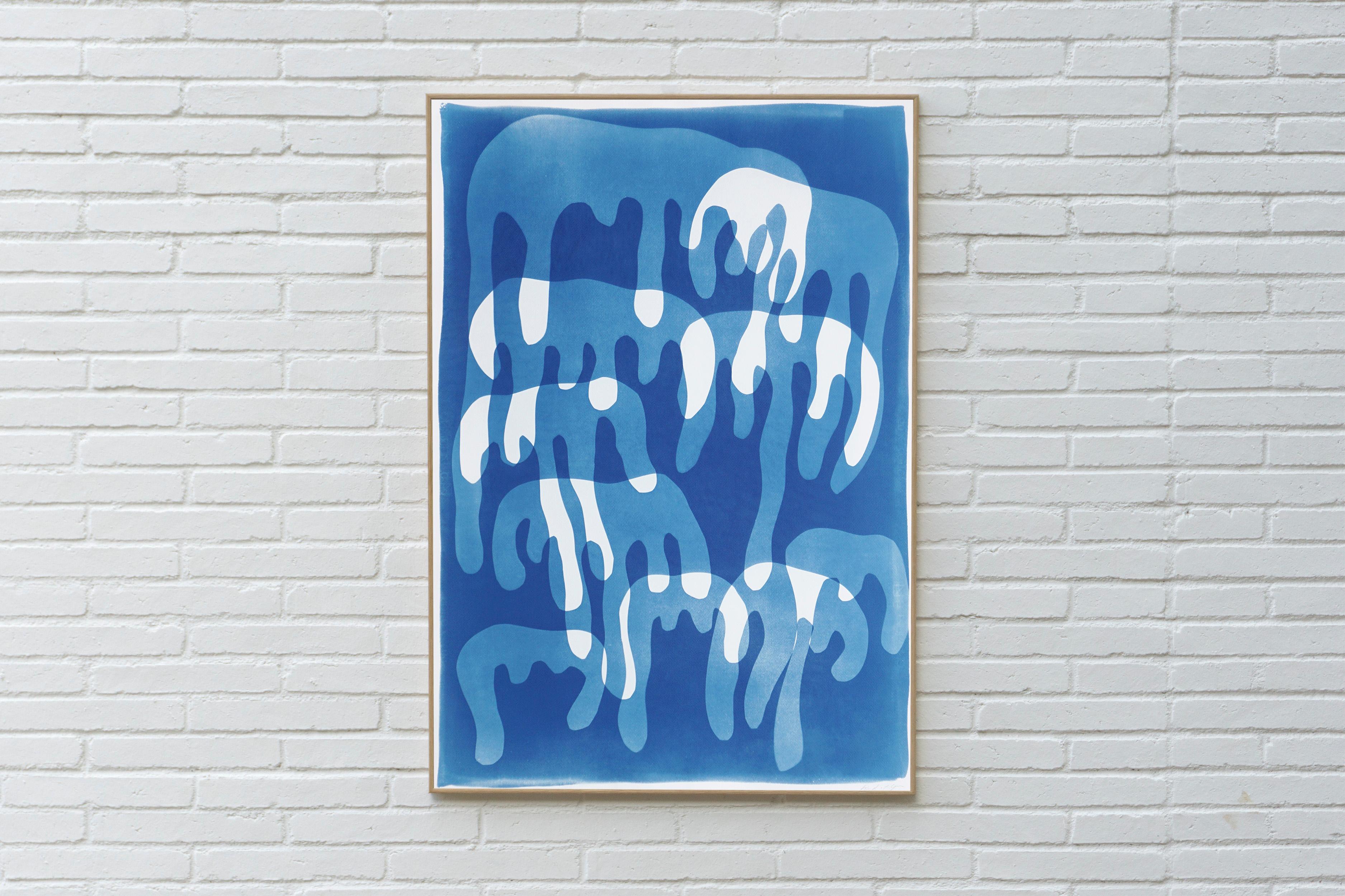 Goteo de pintura, monotipo cianotipo hecho a mano sobre papel de acuarela, azul y blanco - Print de Kind of Cyan