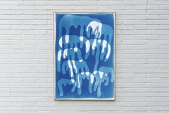 Dripping Paint, Handmade Cyanotype Monotype on Watercolor Paper, Blue and White