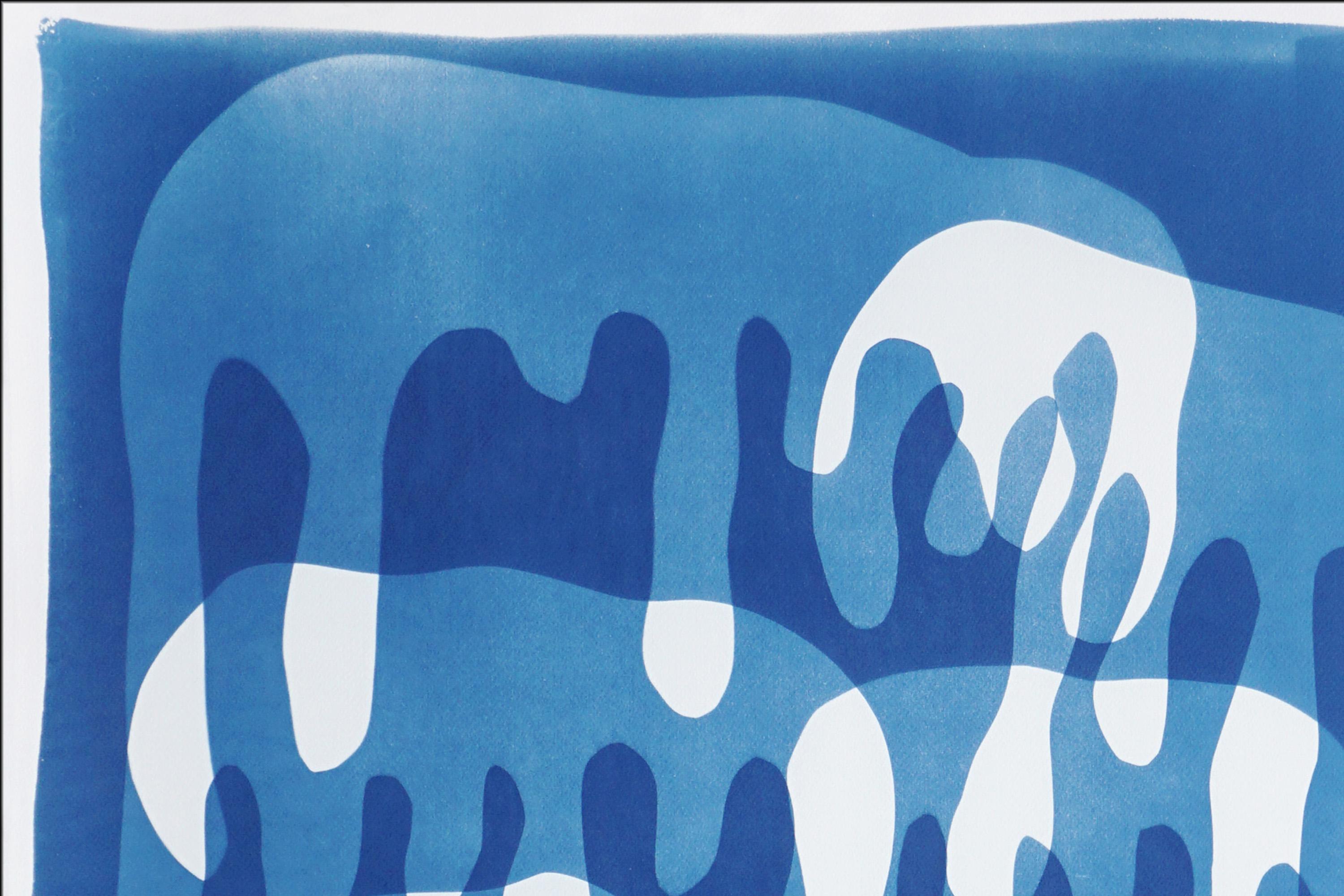 Goteo de pintura, monotipo cianotipo hecho a mano sobre papel de acuarela, azul y blanco en venta 3
