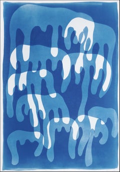 Dripping Paint, monotipo cianotipico fatto a mano su carta acquerellata, blu e bianco