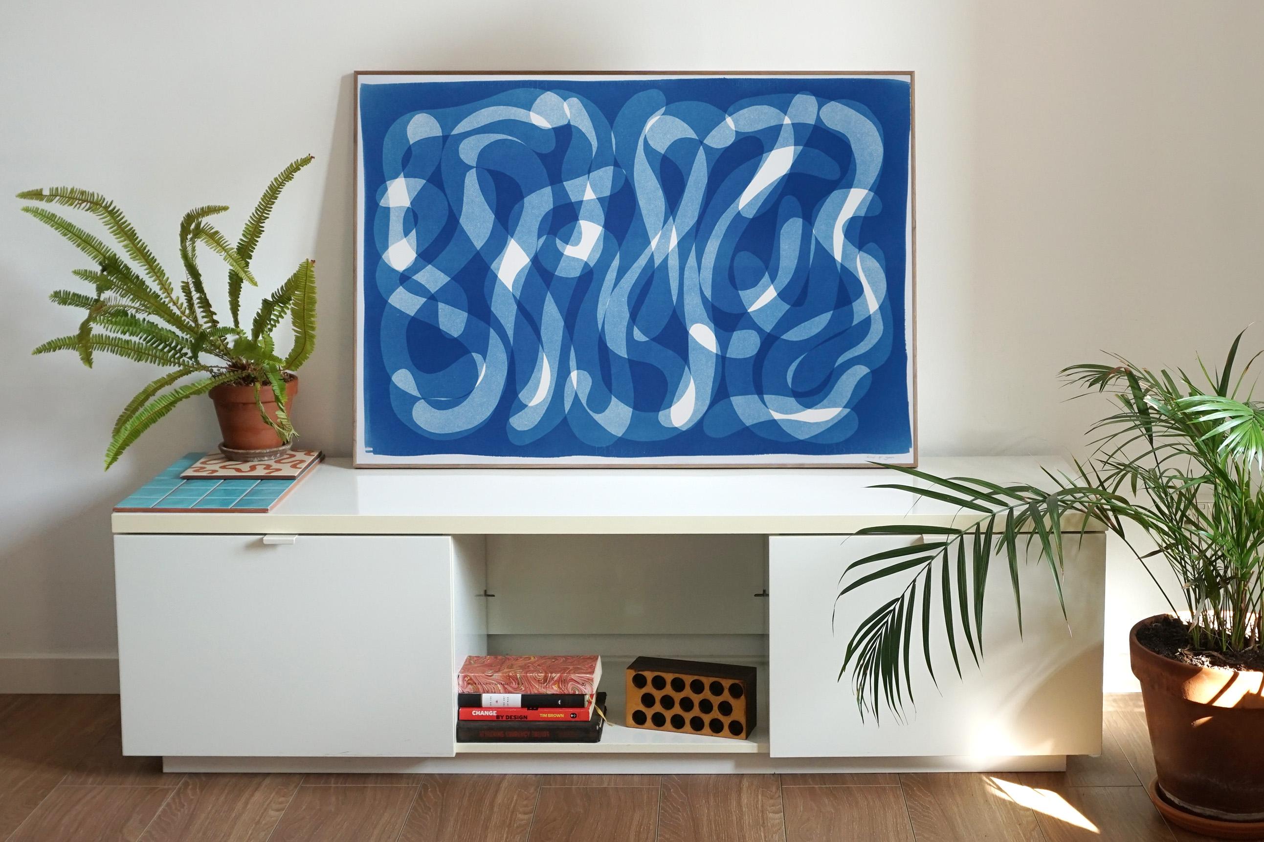 Handmade Cyanotype, Blue Abstract Calligraphy, Zen Monotype Organic Brushstrokes - Photograph by Kind of Cyan