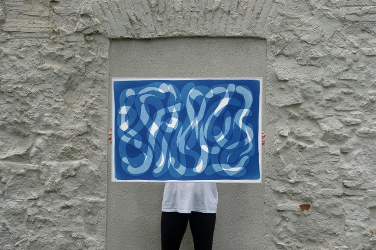 Extra Large Handmade Cyanotype Print of Blue Abstract Calligraphy, Zen Monotype  - Modern Photograph by Kind of Cyan