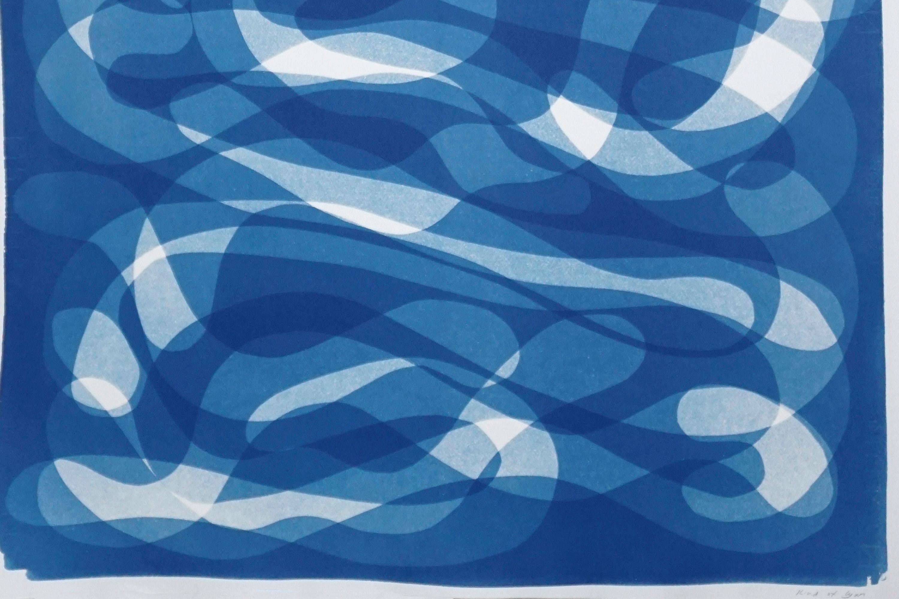 This is an exclusive handprinted unique cyanotype that takes its inspiration from the mid-century modern shapes.
It's made by layering paper cutouts and different exposures using uv-light. 

Details:
+ Title: Blue Abstract Calligraphy I 
+ Year: