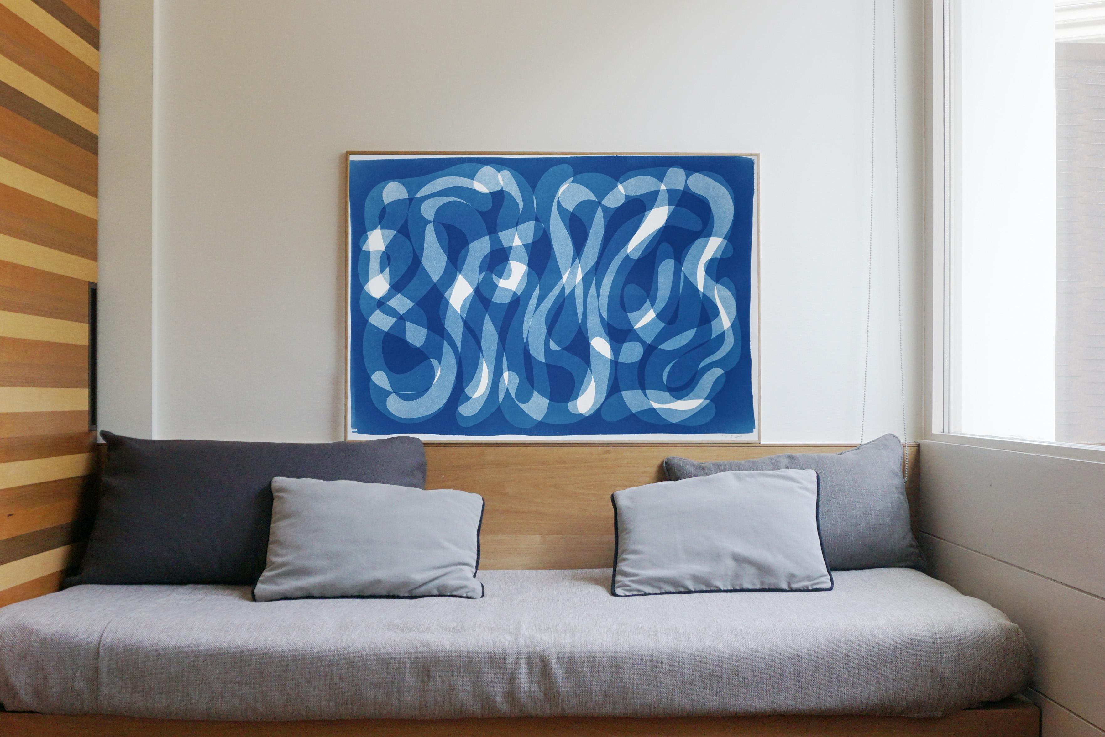 Handmade Cyanotype, Blue Abstract Calligraphy, Zen Monotype Organic Brushstrokes 1