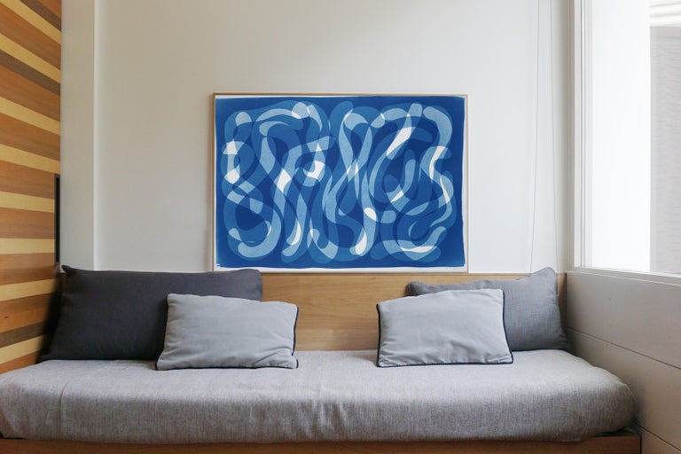 Extra Large Handmade Cyanotype Print of Blue Abstract Calligraphy, Zen Monotype  For Sale 2