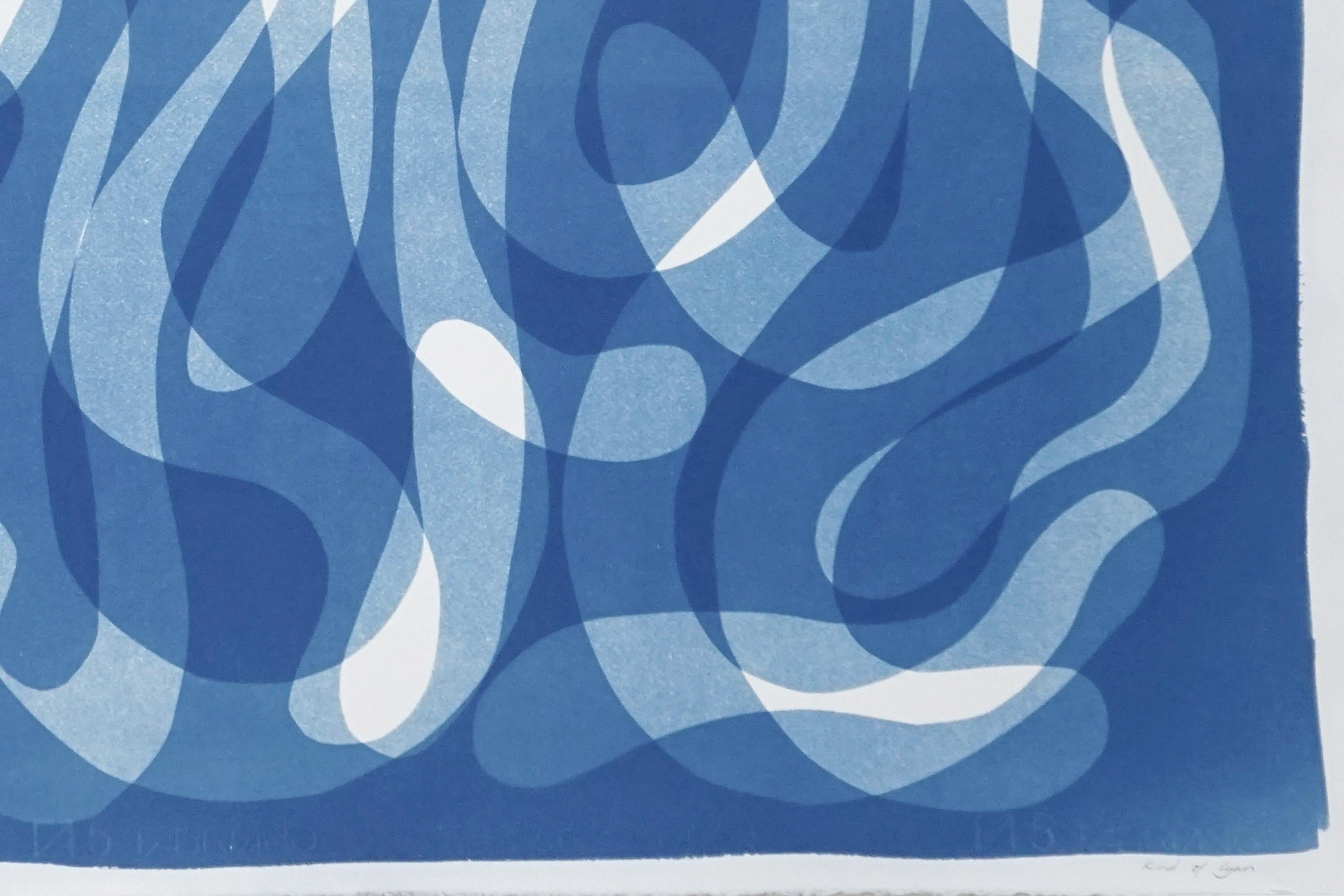 Handmade Cyanotype, Blue Abstract Calligraphy, Zen Monotype Organic Brushstrokes 2