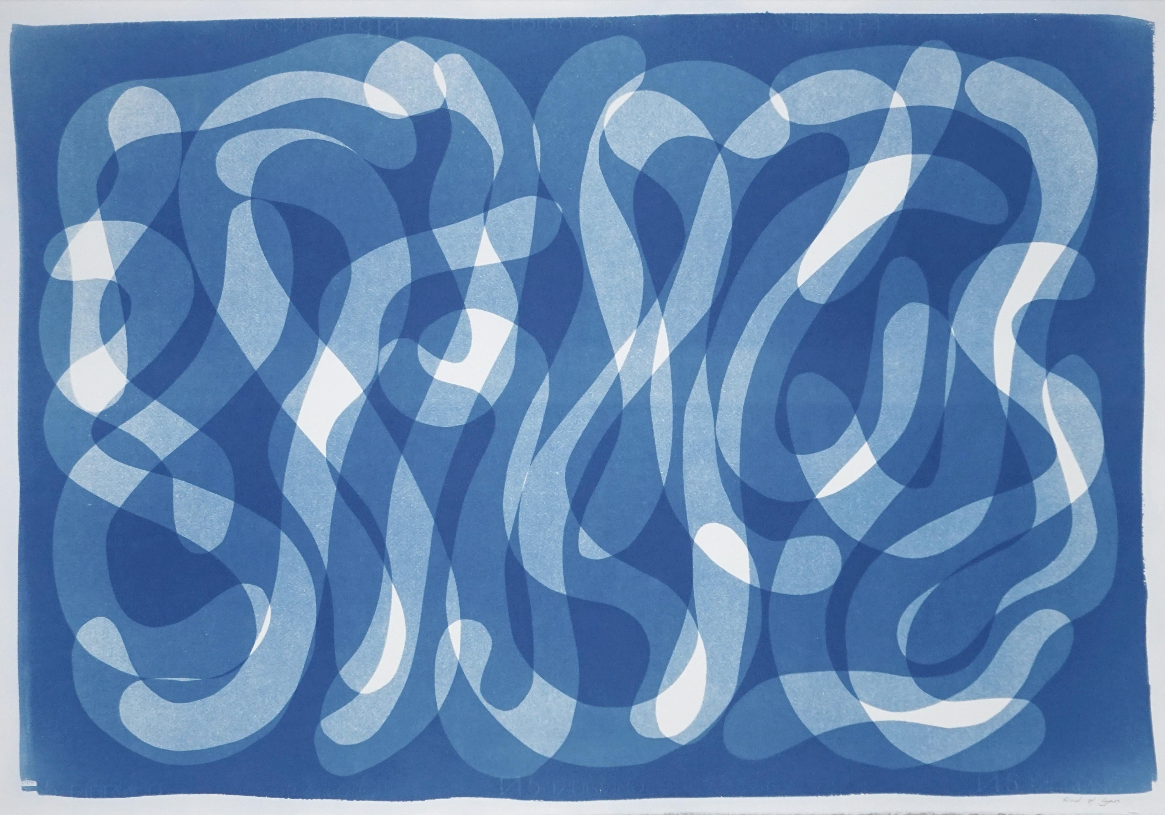 Extra Large Handmade Cyanotype Print of Blue Abstract Calligraphy, Zen Monotype 