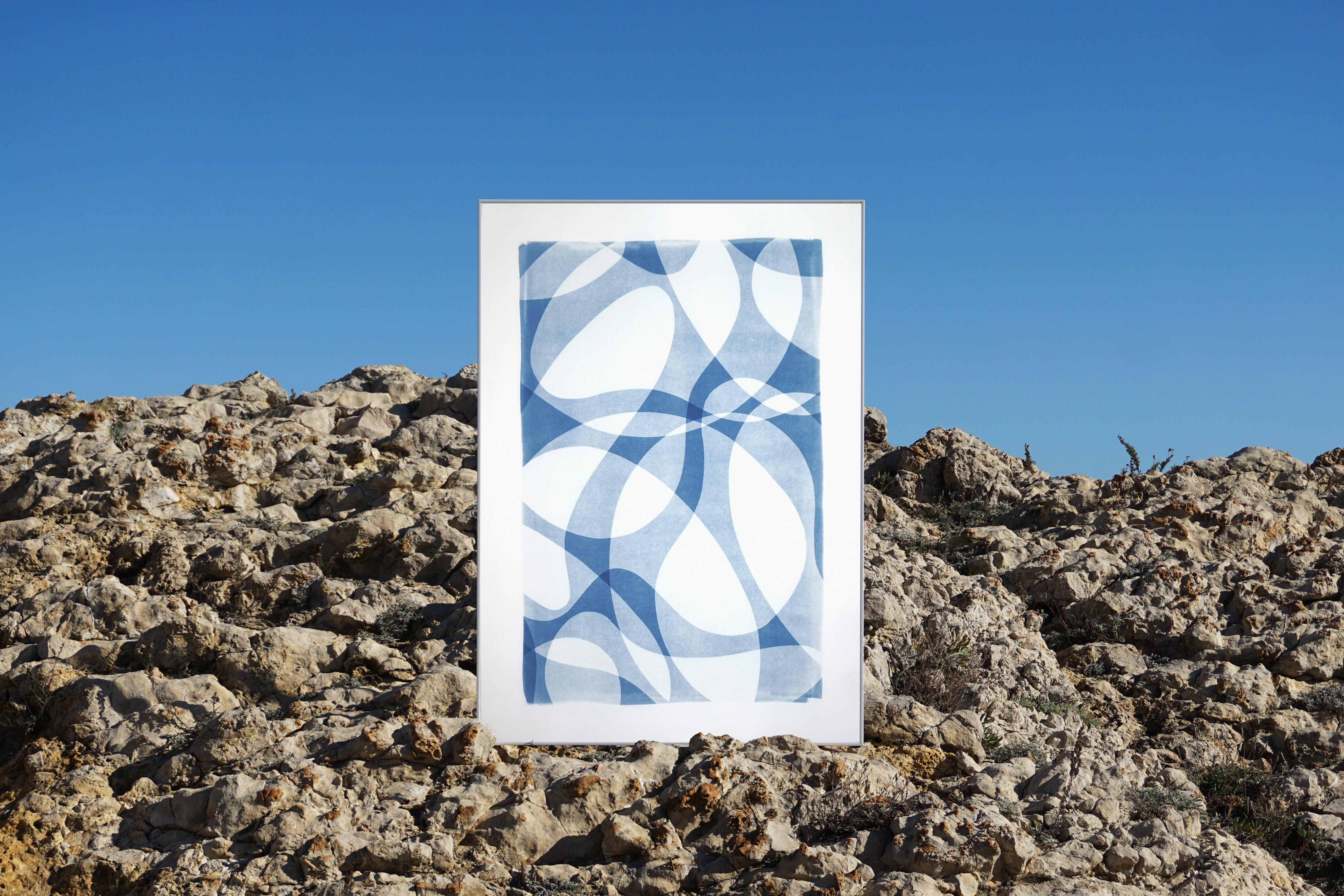 Vertical Monotype, Contours & Shades, Blue & White, Cutouts Mid-Century Modern   - Abstract Print by Kind of Cyan