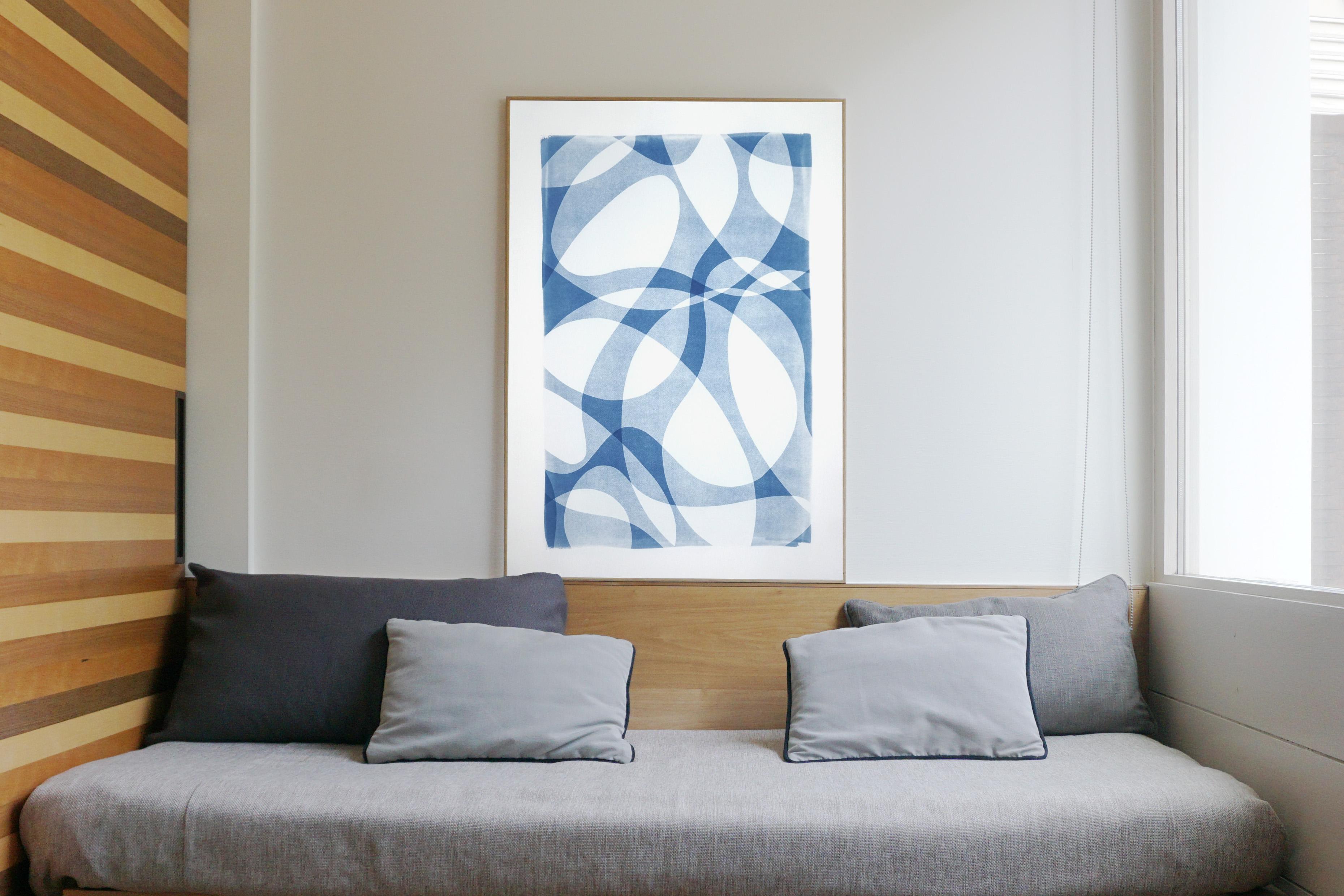 Vertical Monotype, Contours & Shades, Blue & White, Cutouts Mid-Century Modern   - Gray Abstract Print by Kind of Cyan