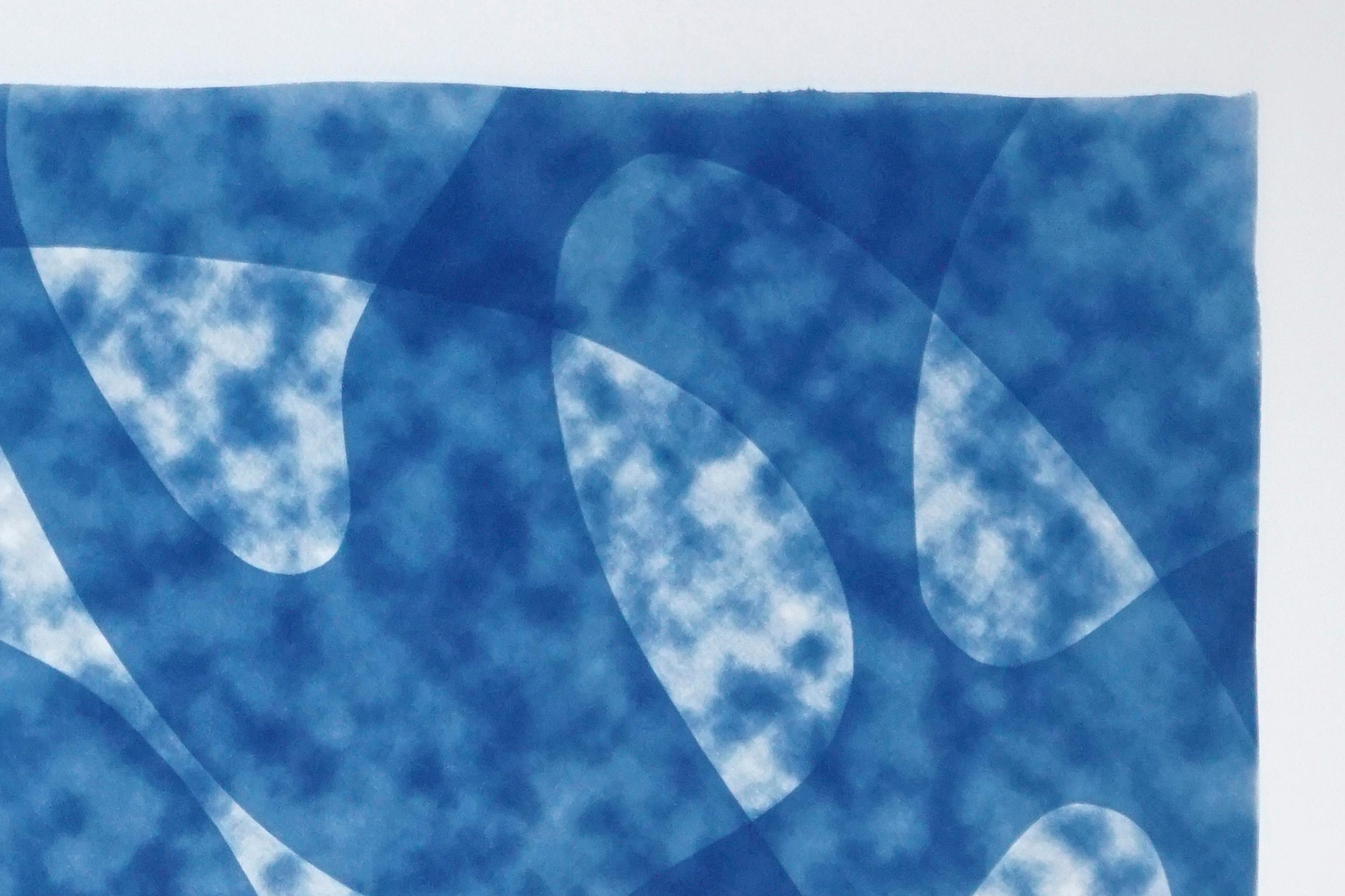 Misty Underwater Shapes, Mid-Century Modern Organic Blue, Handmade Monotype 2021 For Sale 3
