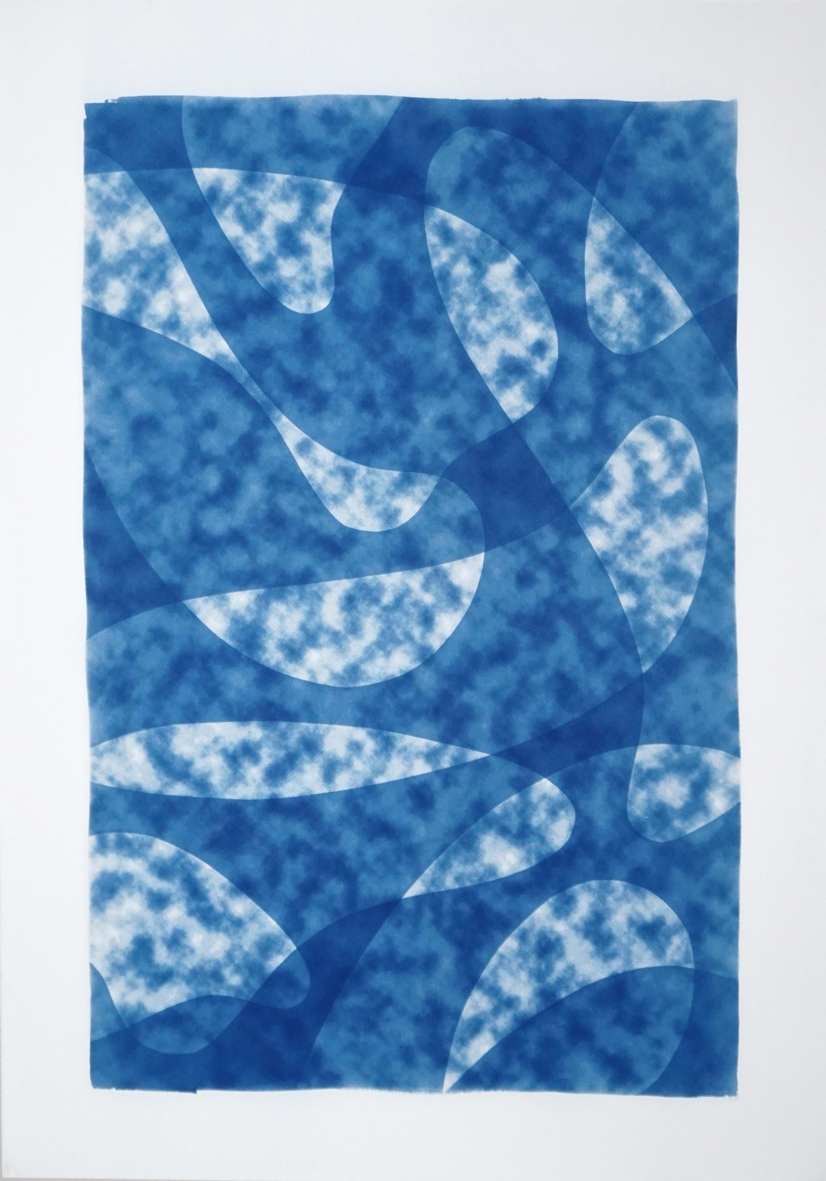 Kind of Cyan Abstract Photograph - Misty Underwater Shapes, Mid-Century Modern Organic Blue, Handmade Monotype 2021