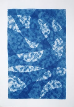 Extra Large Monotype of Misty Underwater Shapes, Mid-Century Modern Style, Blue