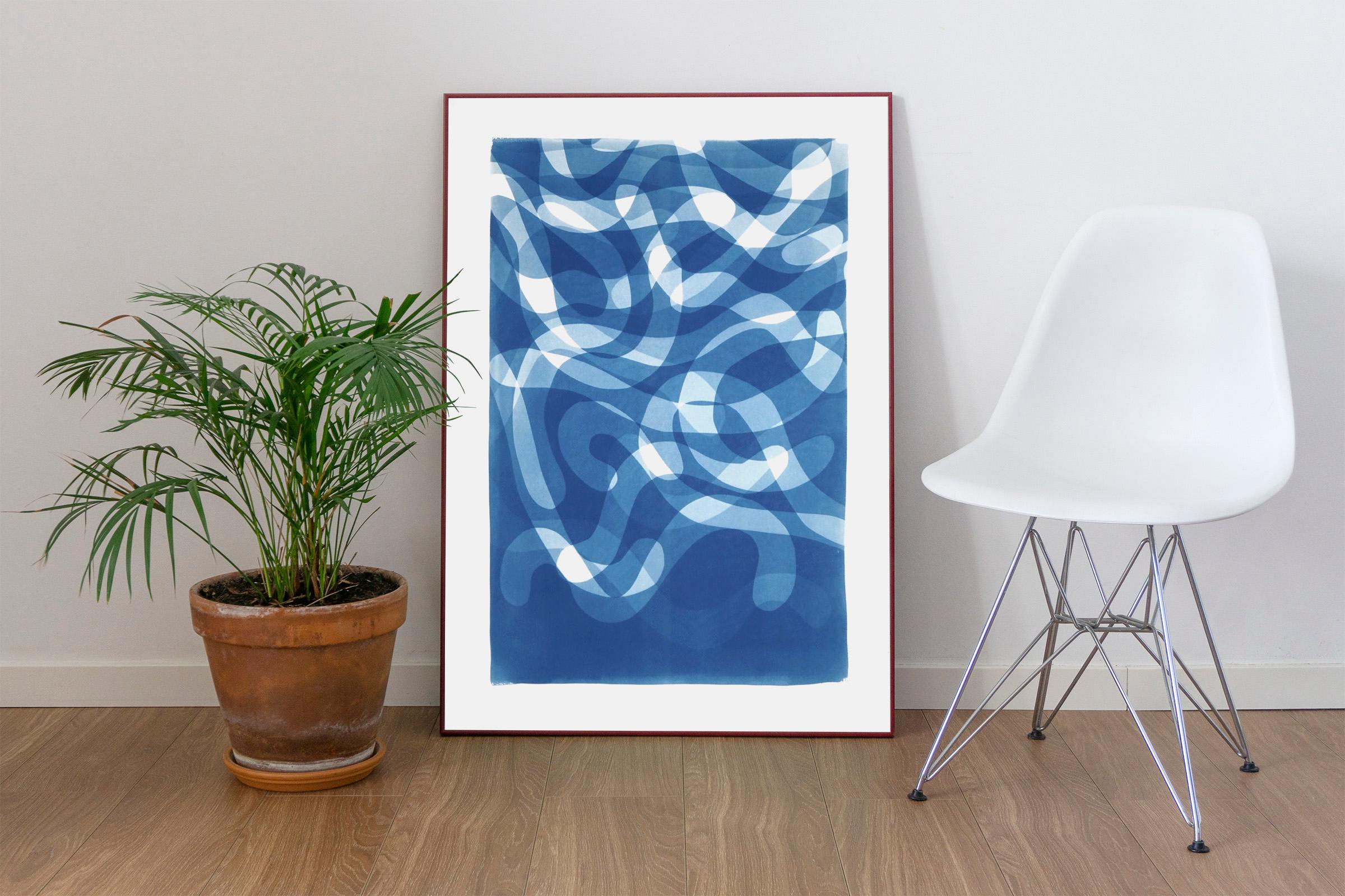 Falling Swirls, Organic Curvy Layers in Blue Tones, Handmade Cyanotype on Paper - Photograph by Kind of Cyan