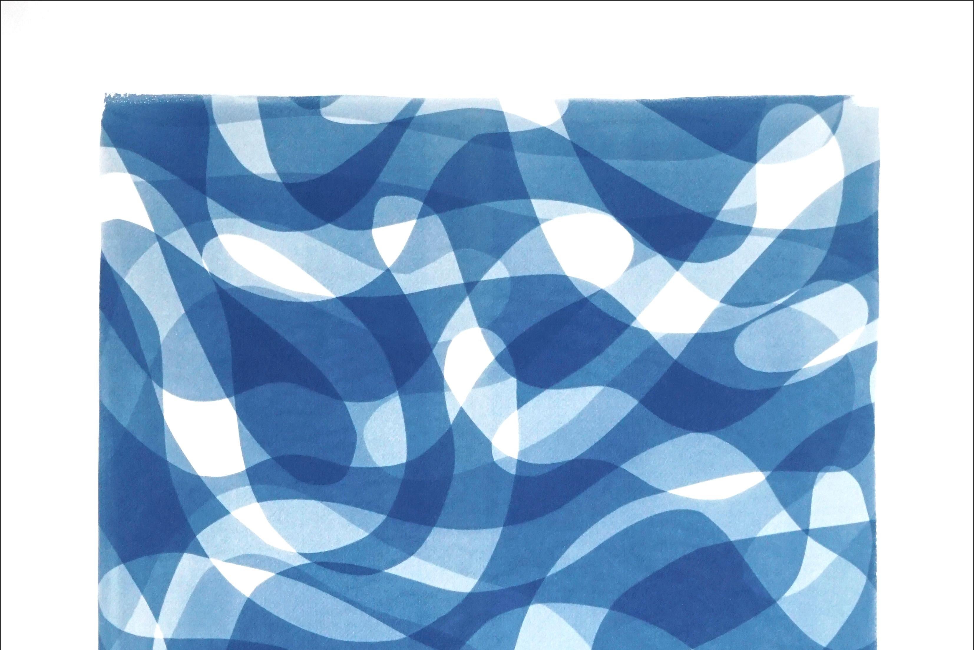 Falling Swirls, Organic Curvy Layers in Blue Tones, Handmade Cyanotype on Paper For Sale 1