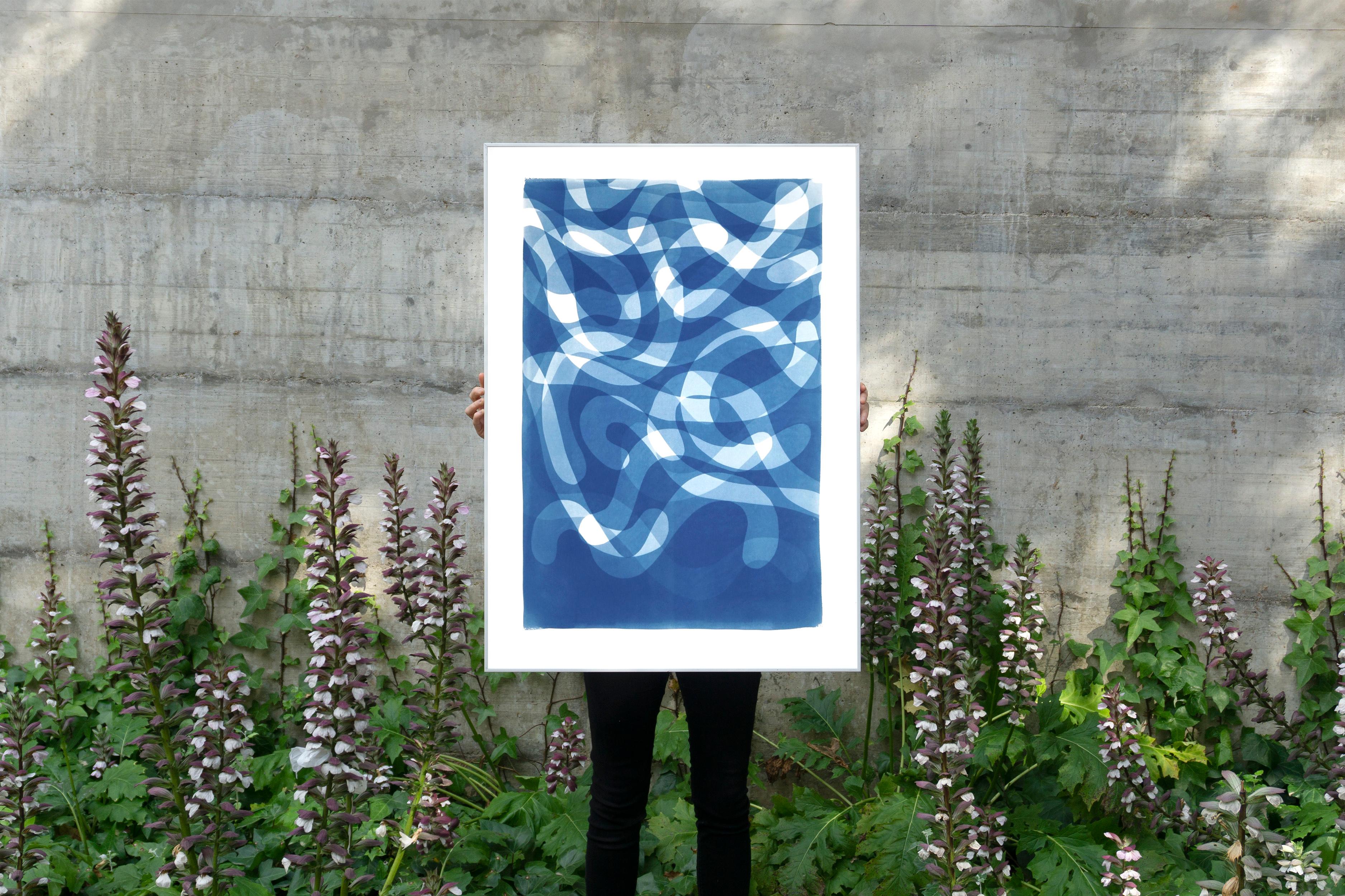 Falling Swirls, Organic Curvy Layers in Blue Tones, Handmade Cyanotype on Paper For Sale 3