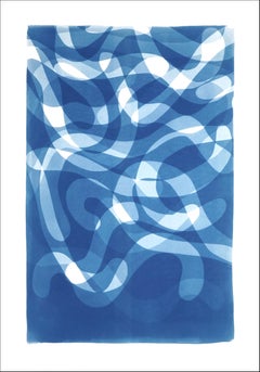 Falling Swirls, Organic Curvy Layers in Blue Tones, Handmade Cyanotype on Paper