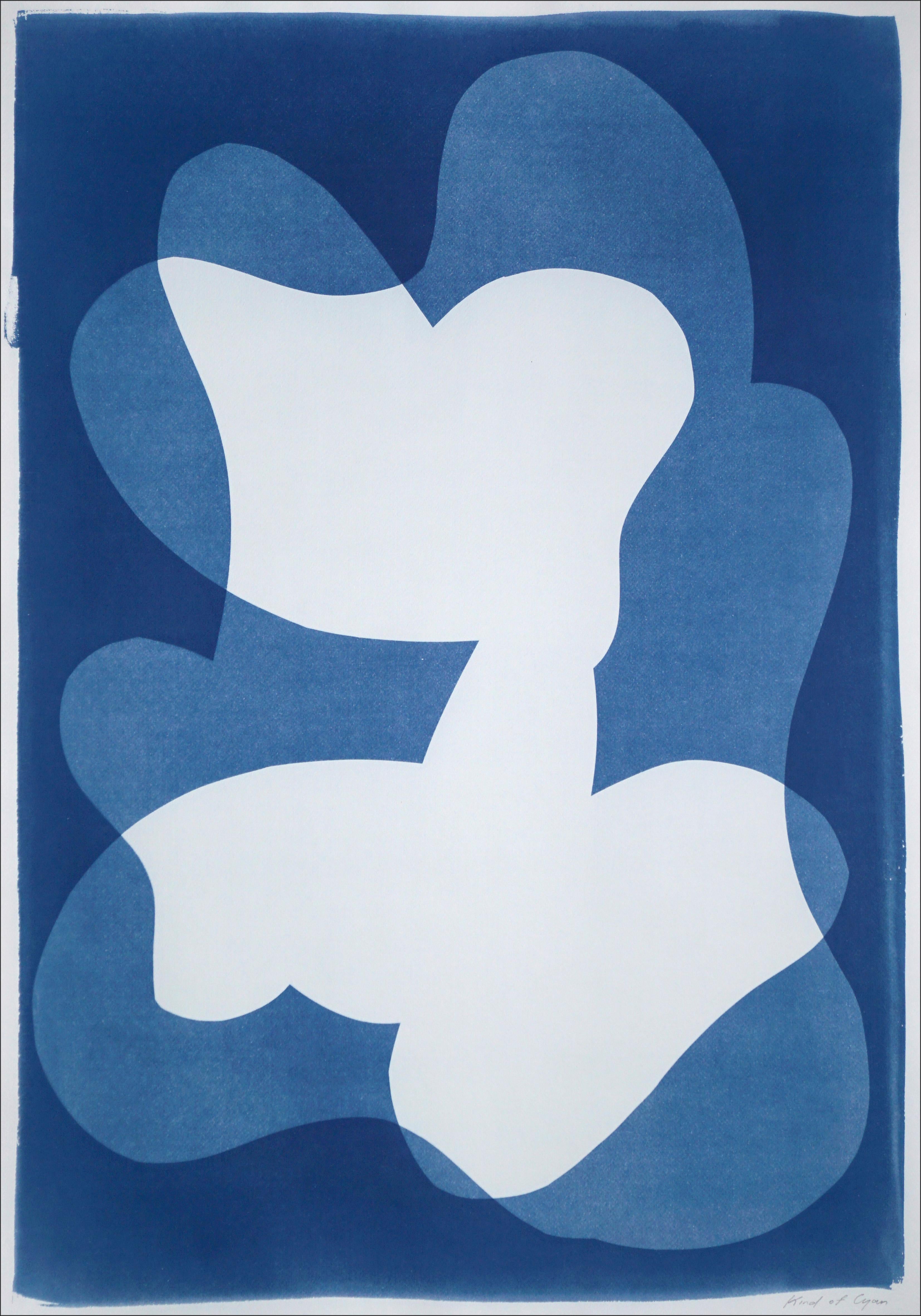 Fat Finger, Blue and White Abstract Rounded Bodies, Cyanotype Monotype on Paper