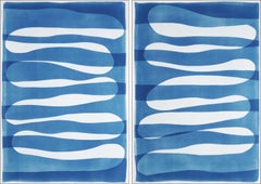 Fingers Crossed, White and Blue, Unique Monotype Cyanotype on Paper, Handmade