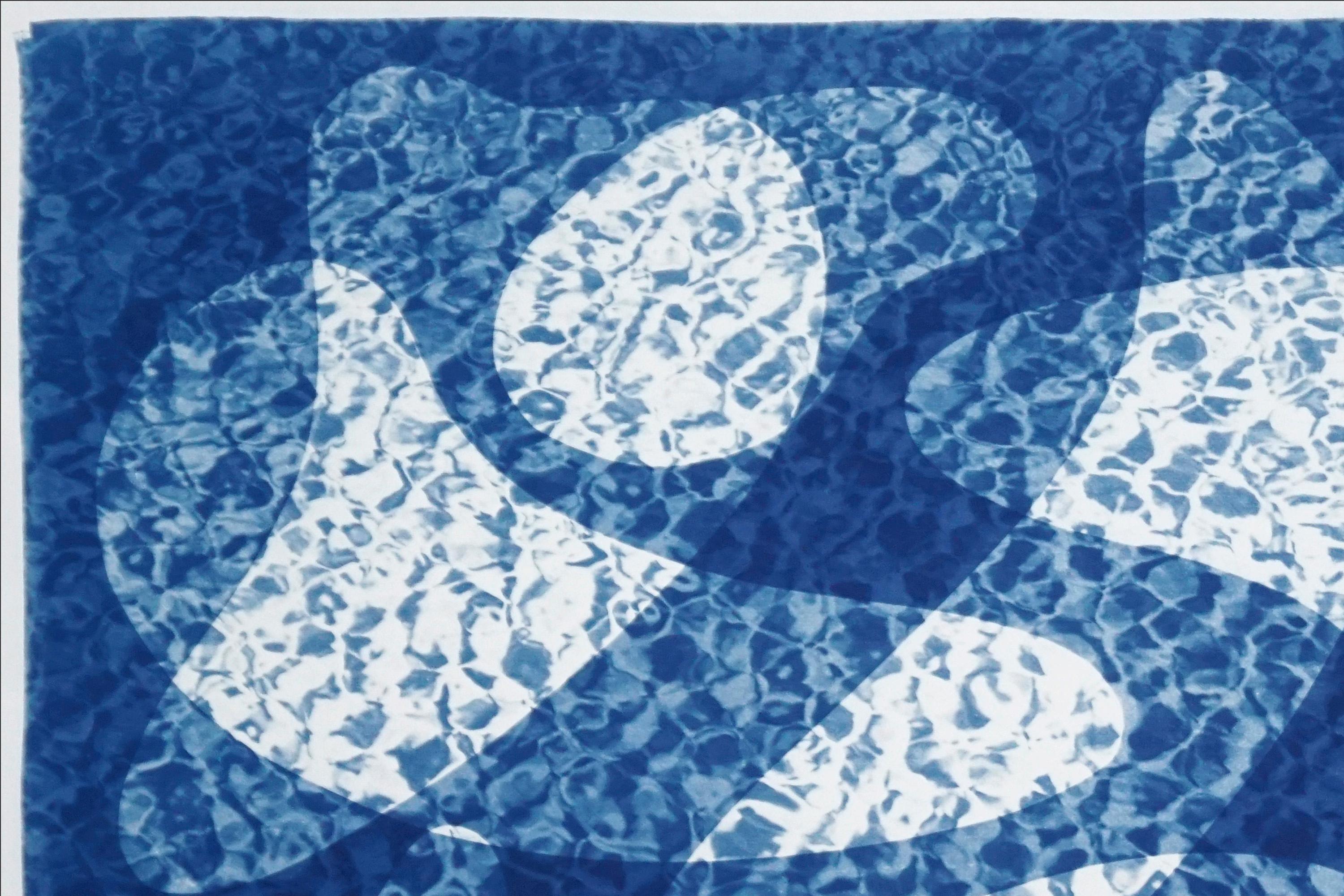 Fish Swimming Below Water, Fresh Blue Tones Cyanotype Print, Pool Art on Paper For Sale 1