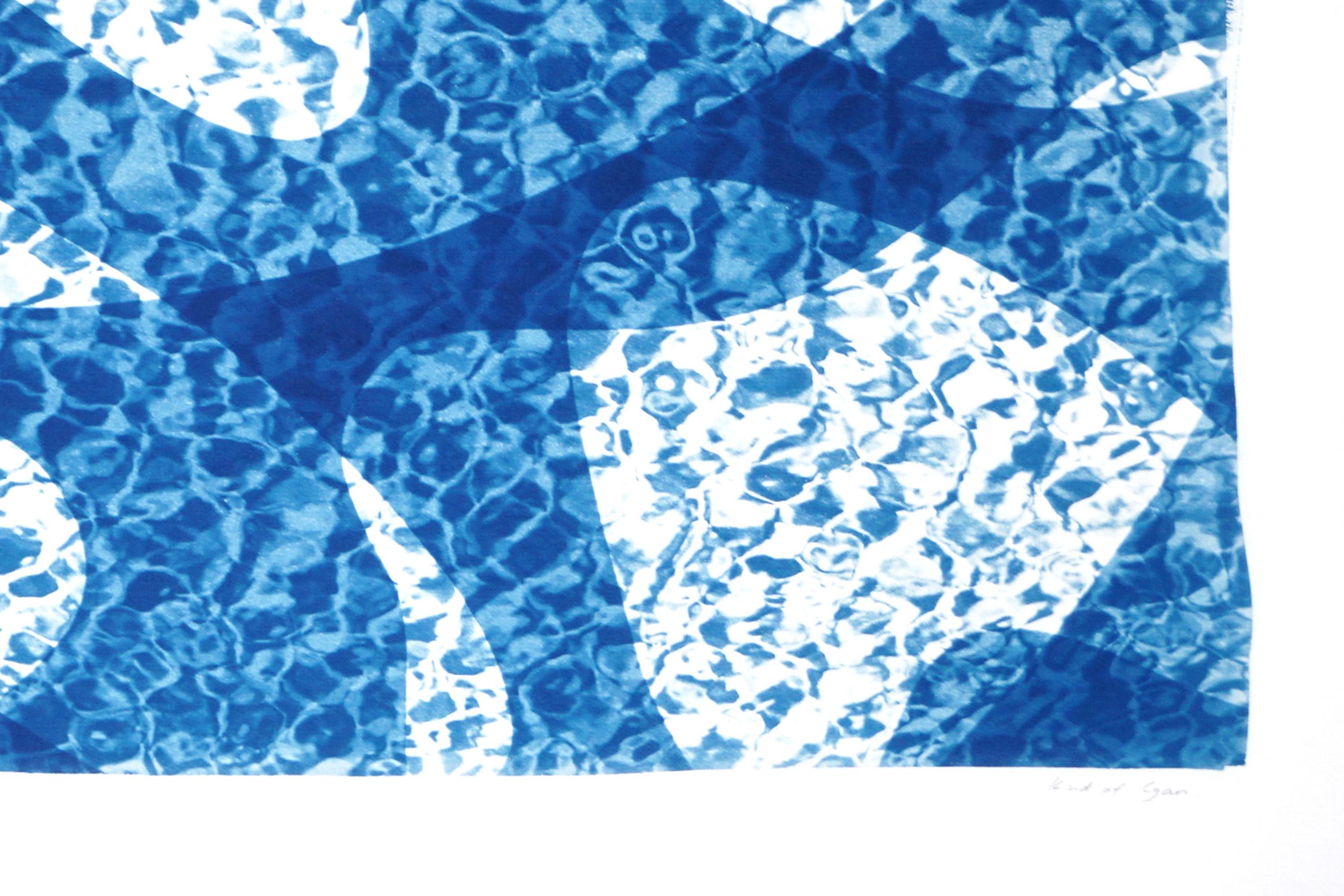 Pesce che nuota sotto l'acqua, stampa cianotipica dai toni blu freschi, Pool Art su carta in vendita 2
