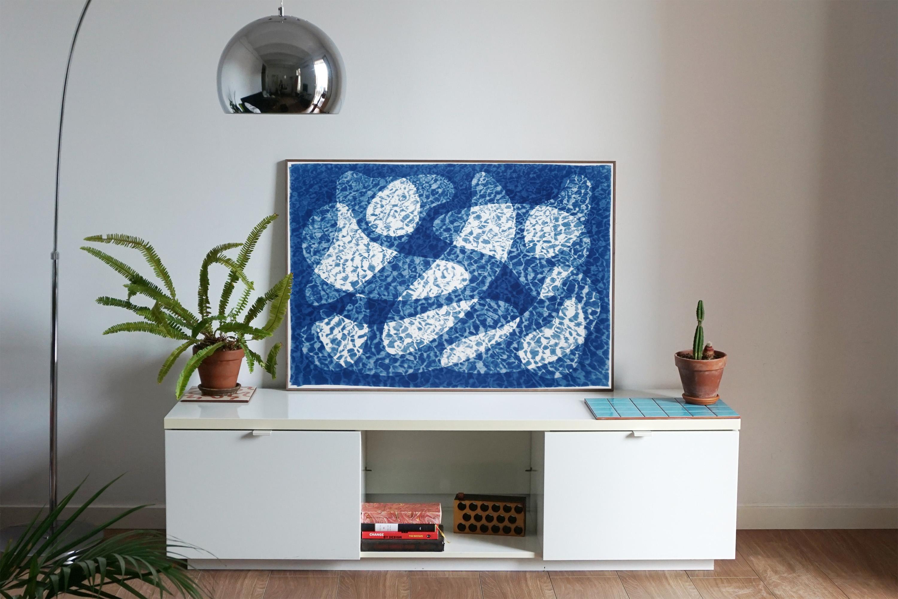 Fish Swimming Below Water, Fresh Blue Tones Cyanotype Print, Pool Art on Paper For Sale 5