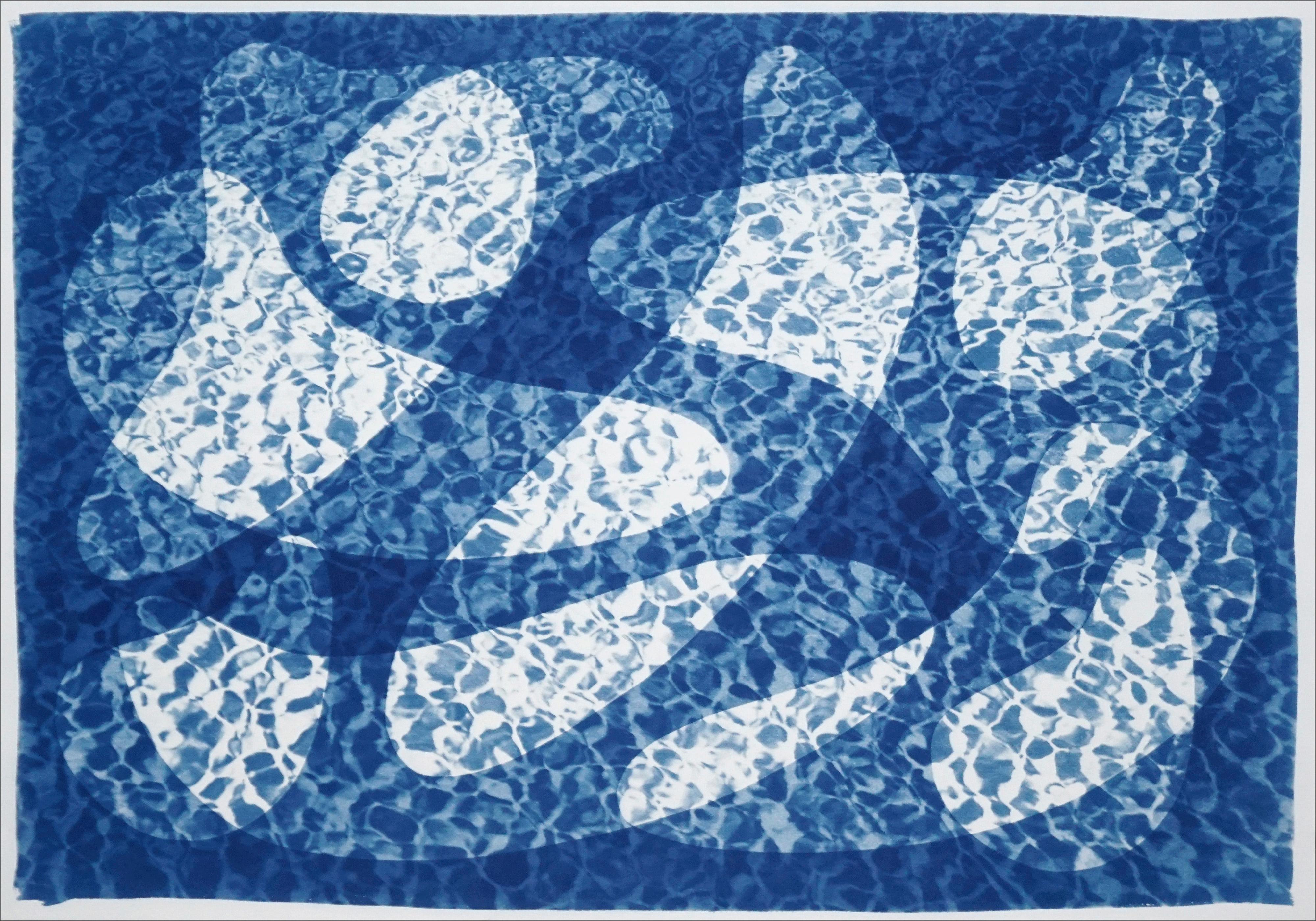 Kind of Cyan Abstract Print - Fish Swimming Below Water, Fresh Blue Tones Cyanotype Print, Pool Art on Paper