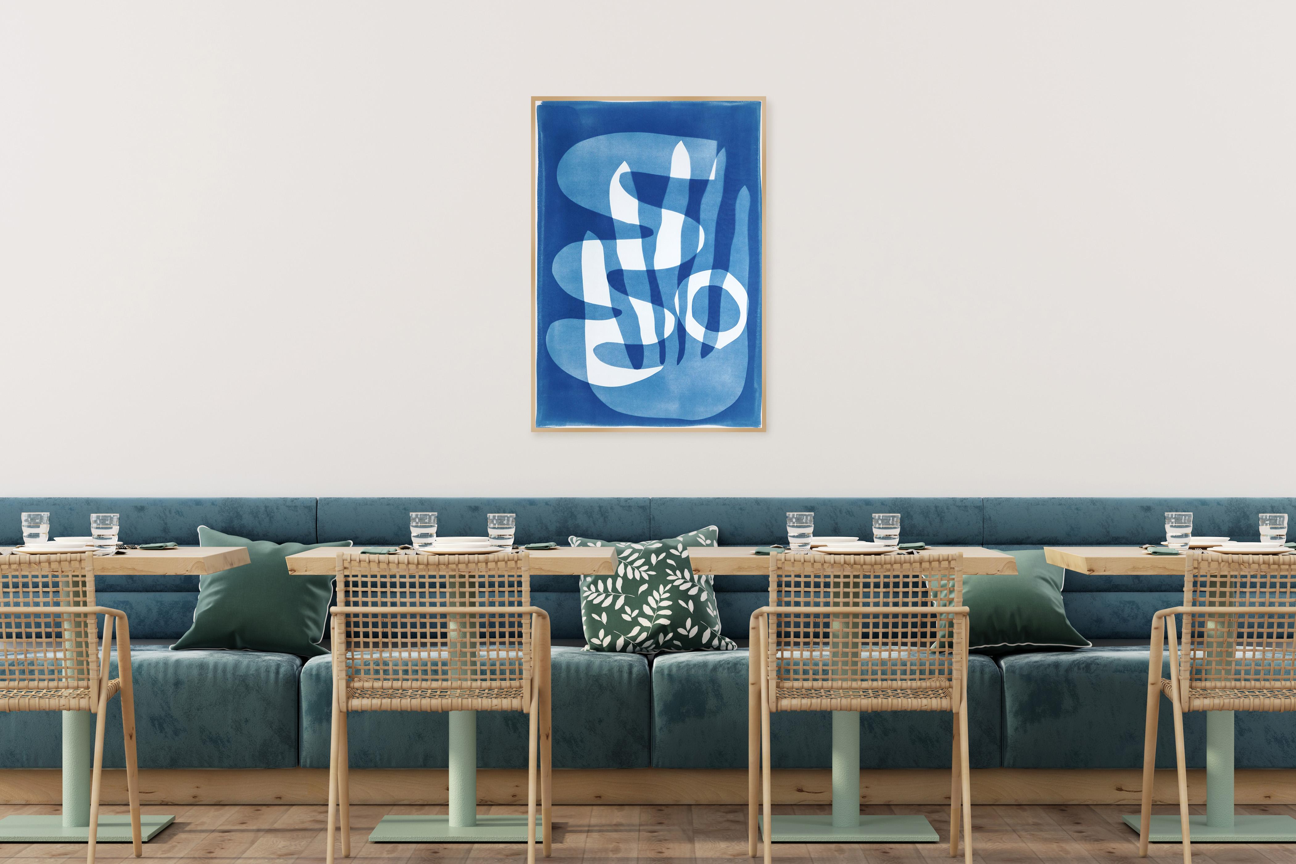 Foggy Ocean, Mystic Code in Bleu and White, Desert Modernism, Cyanotype on Paper - Arte Povera Print by Kind of Cyan