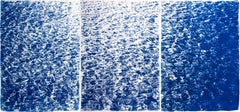 French Riviera Cove, Abstract Seascape Triptych on Paper, Cyanotype Print, 2021