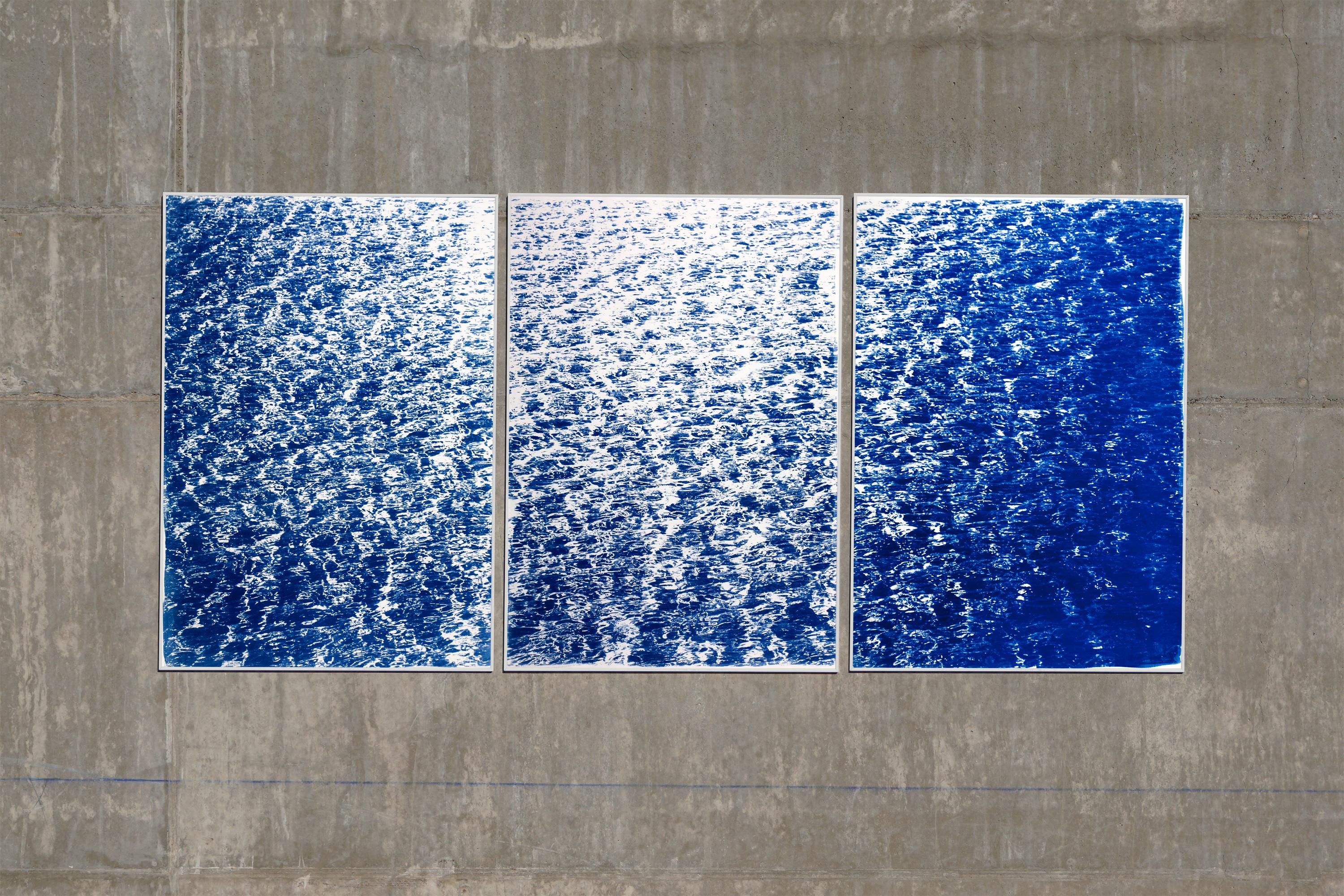 French Riviera Cove, Nautical Abstract Seascape Triptych, Blue Cyanotype Print 11