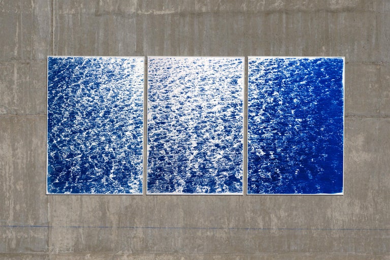 French Riviera Cove, Nautical Abstract Seascape Triptych, Blue Cyanotype Print For Sale 12